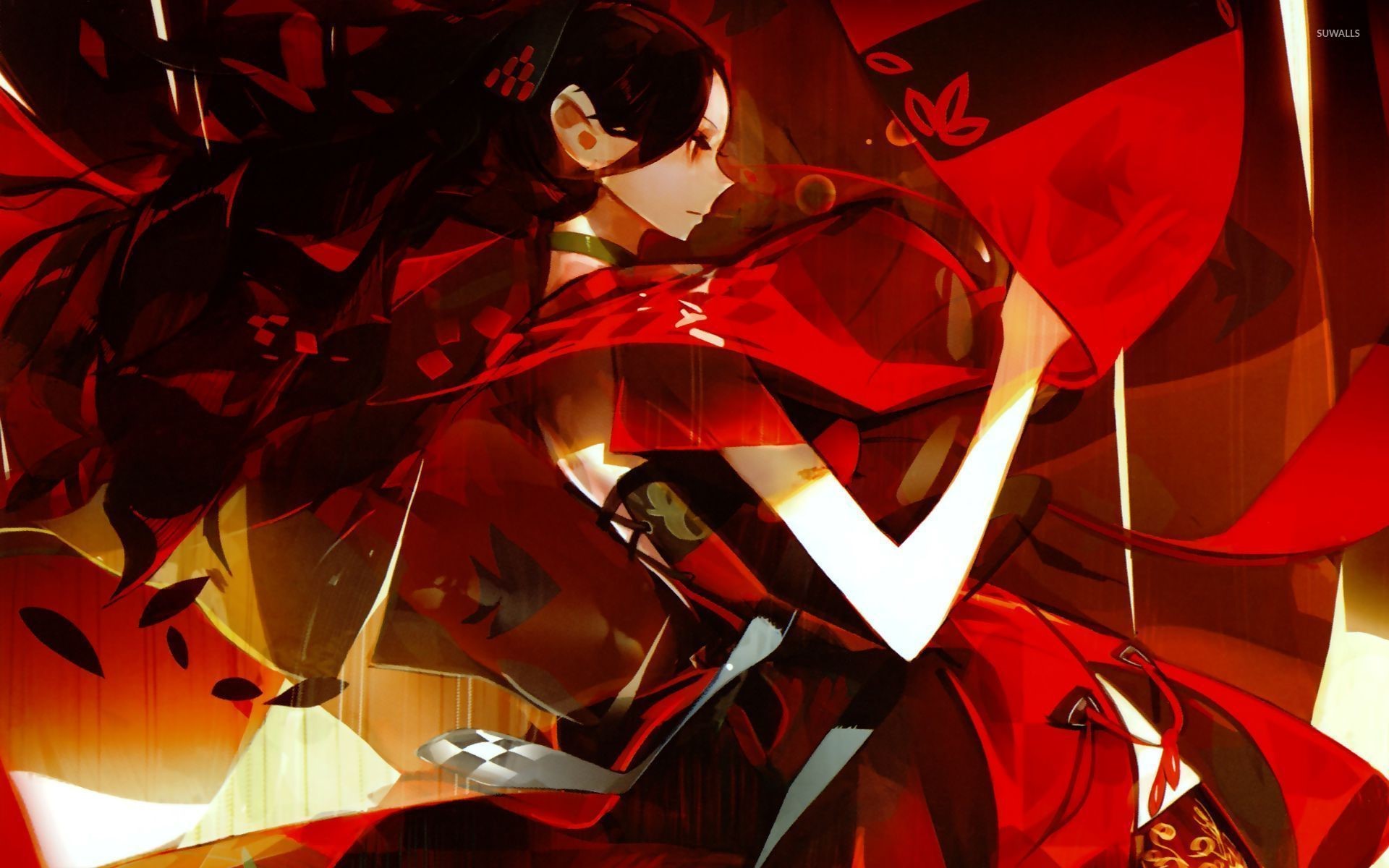 Anime girl with dark hair in red kimono HD Wallpaper