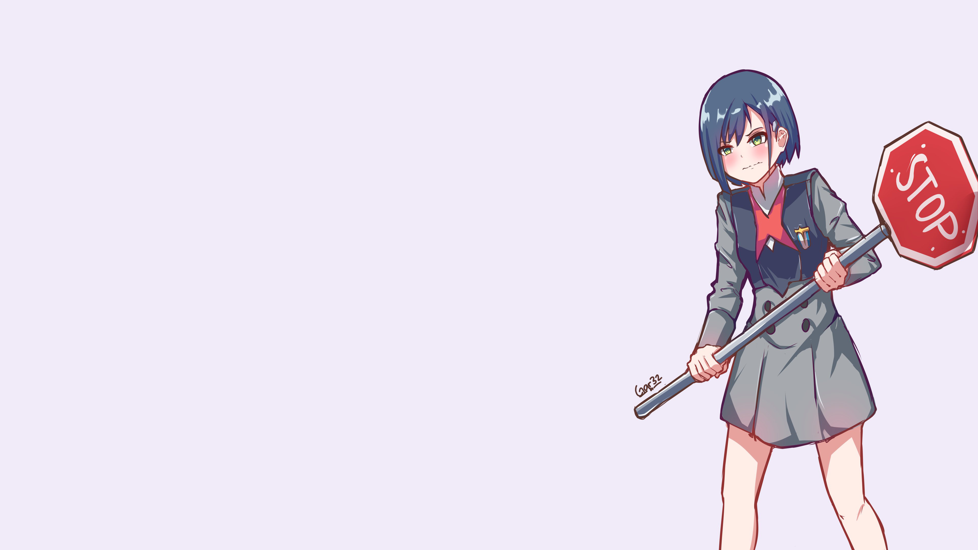 Ichigo from Darling in the FranXX holding a stop sign HD Wallpaper