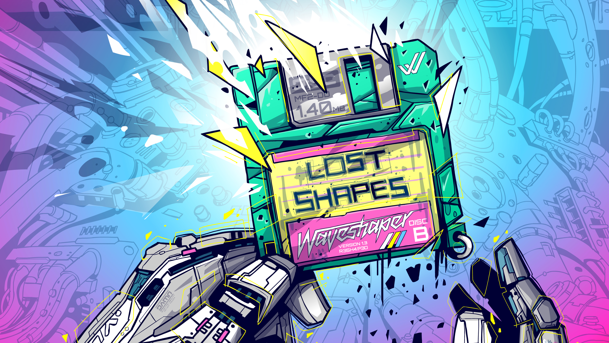 Robot holding a damaged floppy disk with 'Lost Shapes' and 'Waveshaper' text HD Wallpaper
