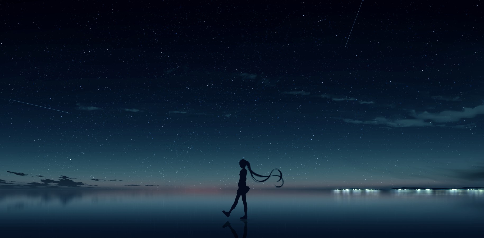 Anime girl silhouette walking under starry sky HD Wallpaper