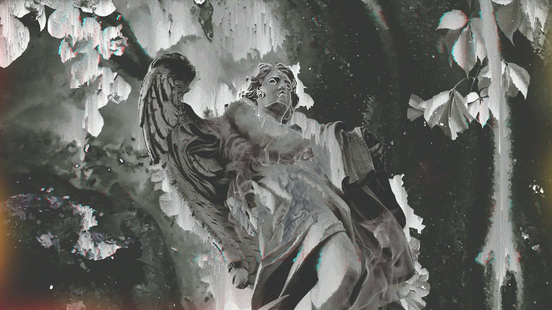 Glitch art statue of an angel with nature elements HD Wallpaper