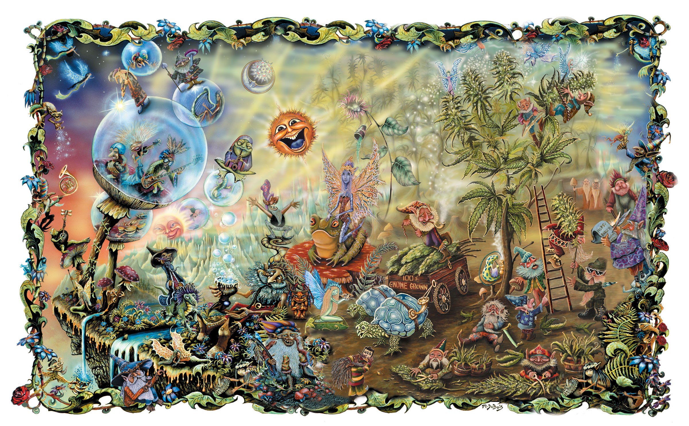 Fantasy art with gnomes, fairies, and cannabis plants HD Wallpaper
