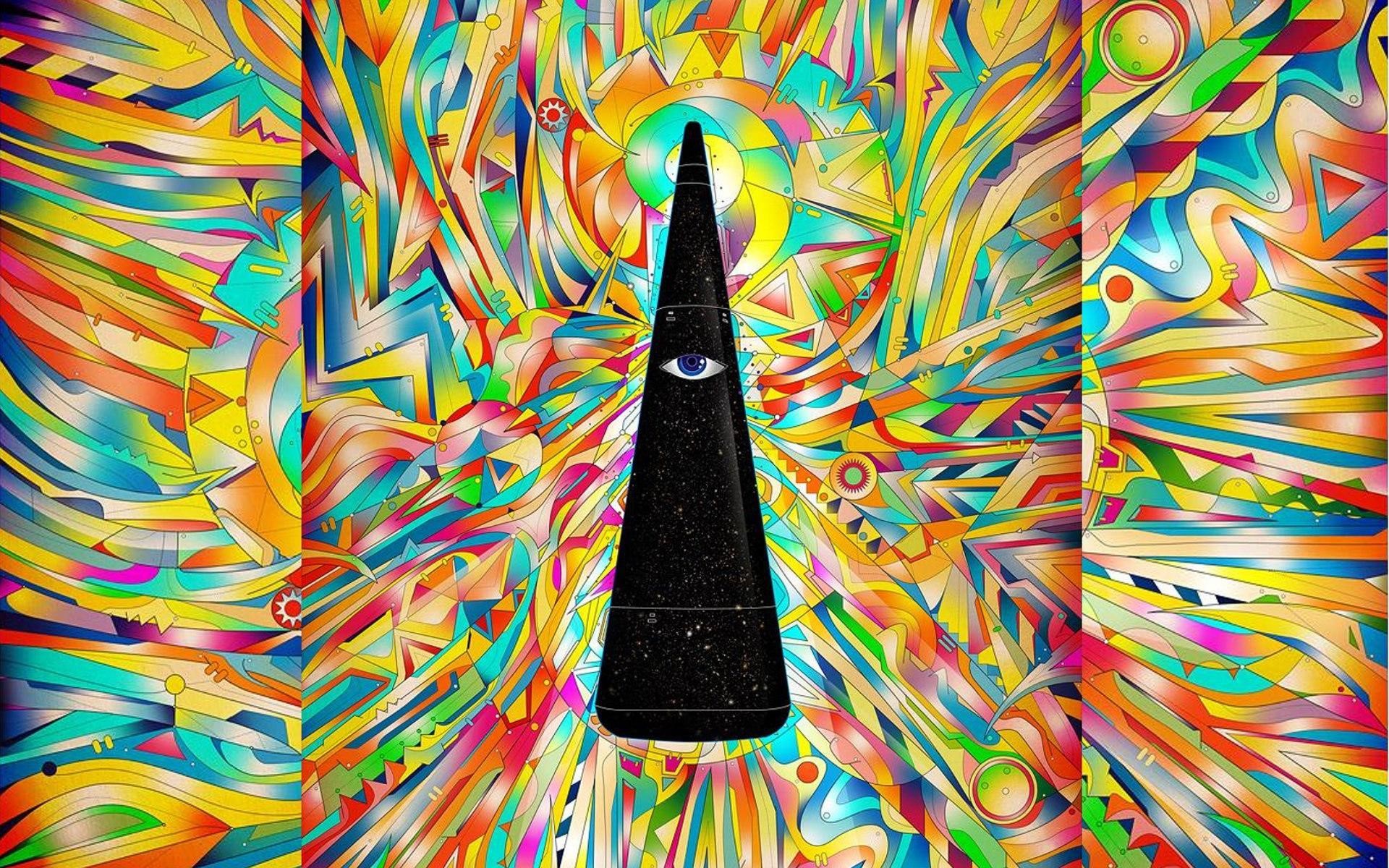 Psychedelic abstract art with a black obelisk and eye HD Wallpaper