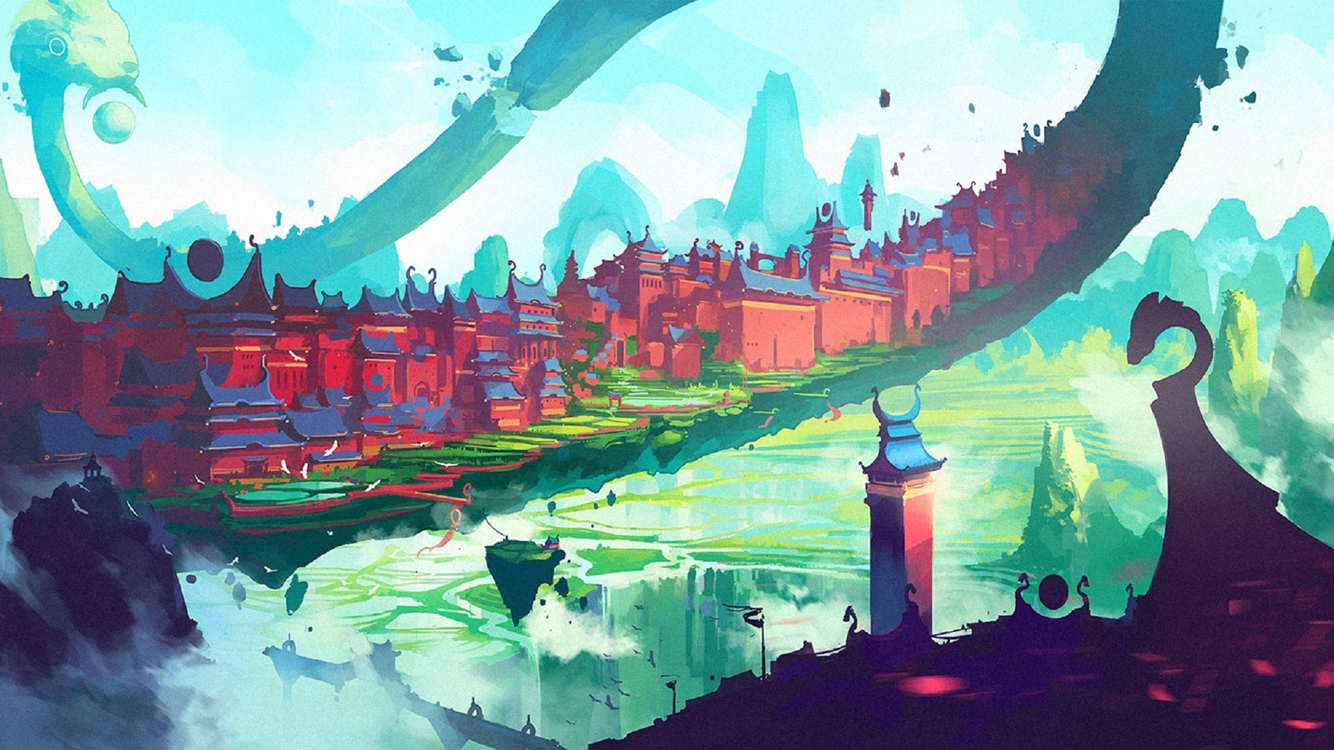 Fantasy floating city with red buildings and blue roofs HD Wallpaper