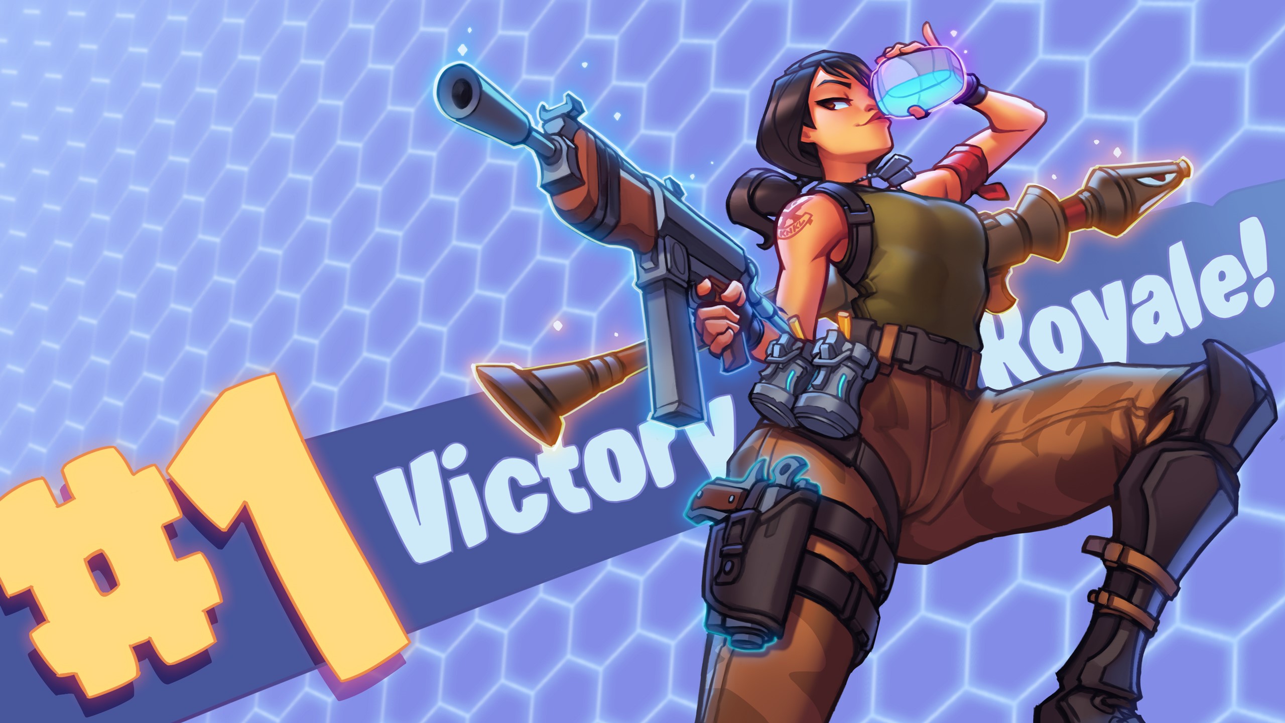 Victory Royale! Character with Gun and Drink HD Wallpaper