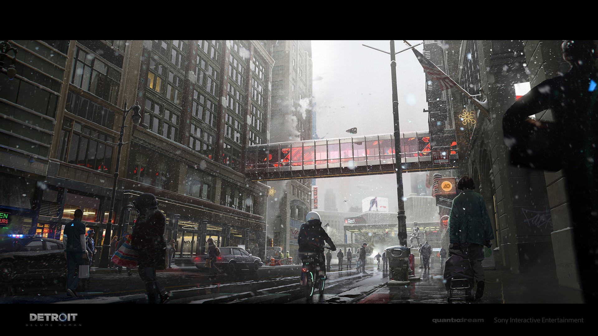 Detroit: Become Human concept art of a snowy city street HD Wallpaper