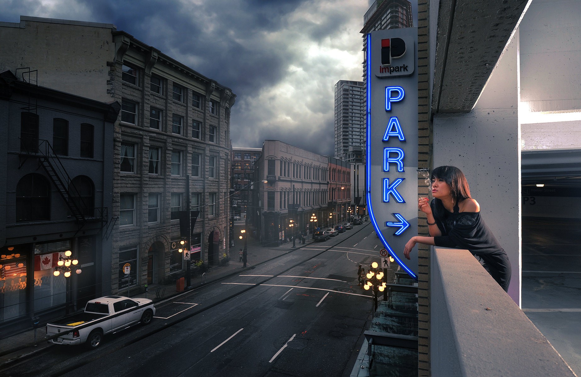 Woman smoking near Impark parking sign in city HD Wallpaper