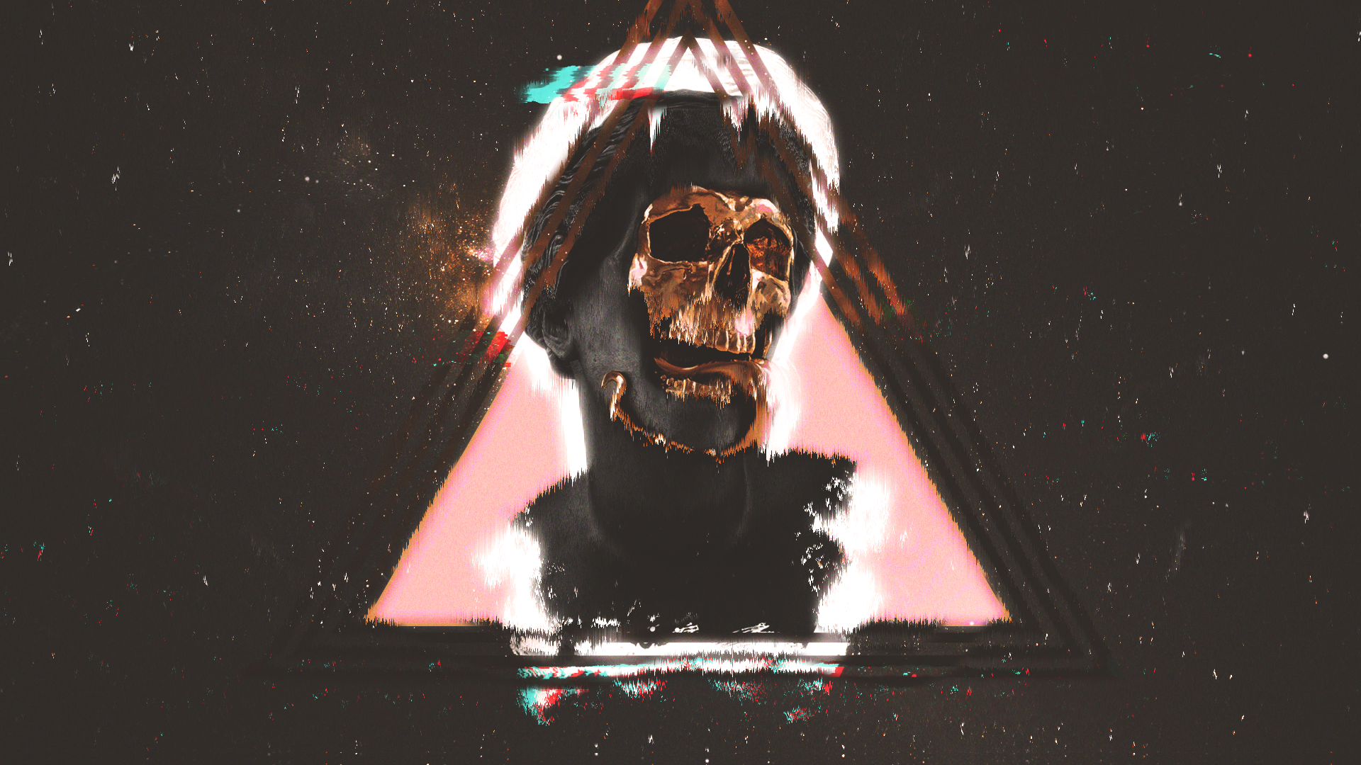 Digital art statue with golden skull and triangle HD Wallpaper