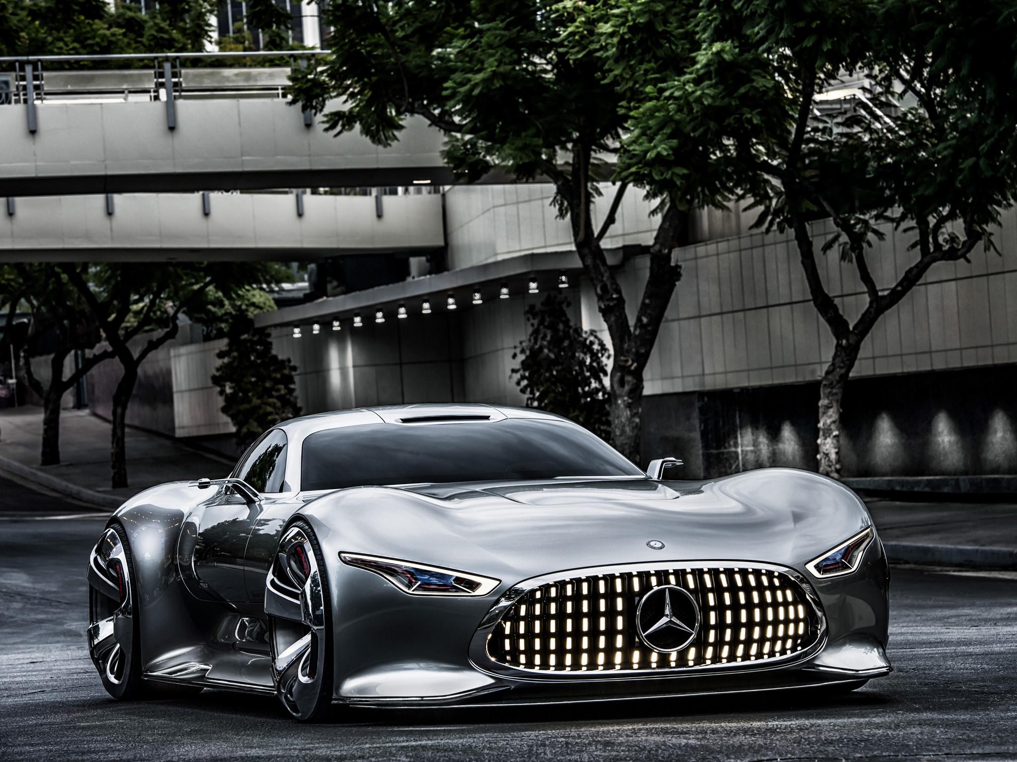 Silver Mercedes-Benz concept car on a city street HD Wallpaper