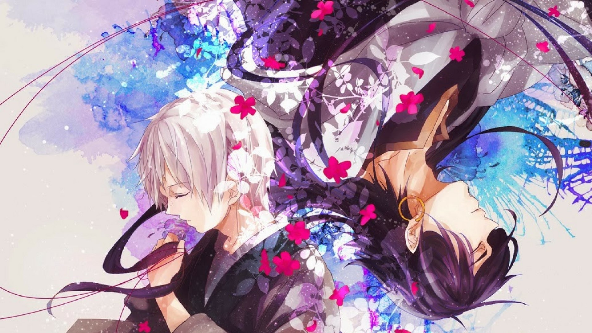 Anime boys with flowers and watercolor background HD Wallpaper