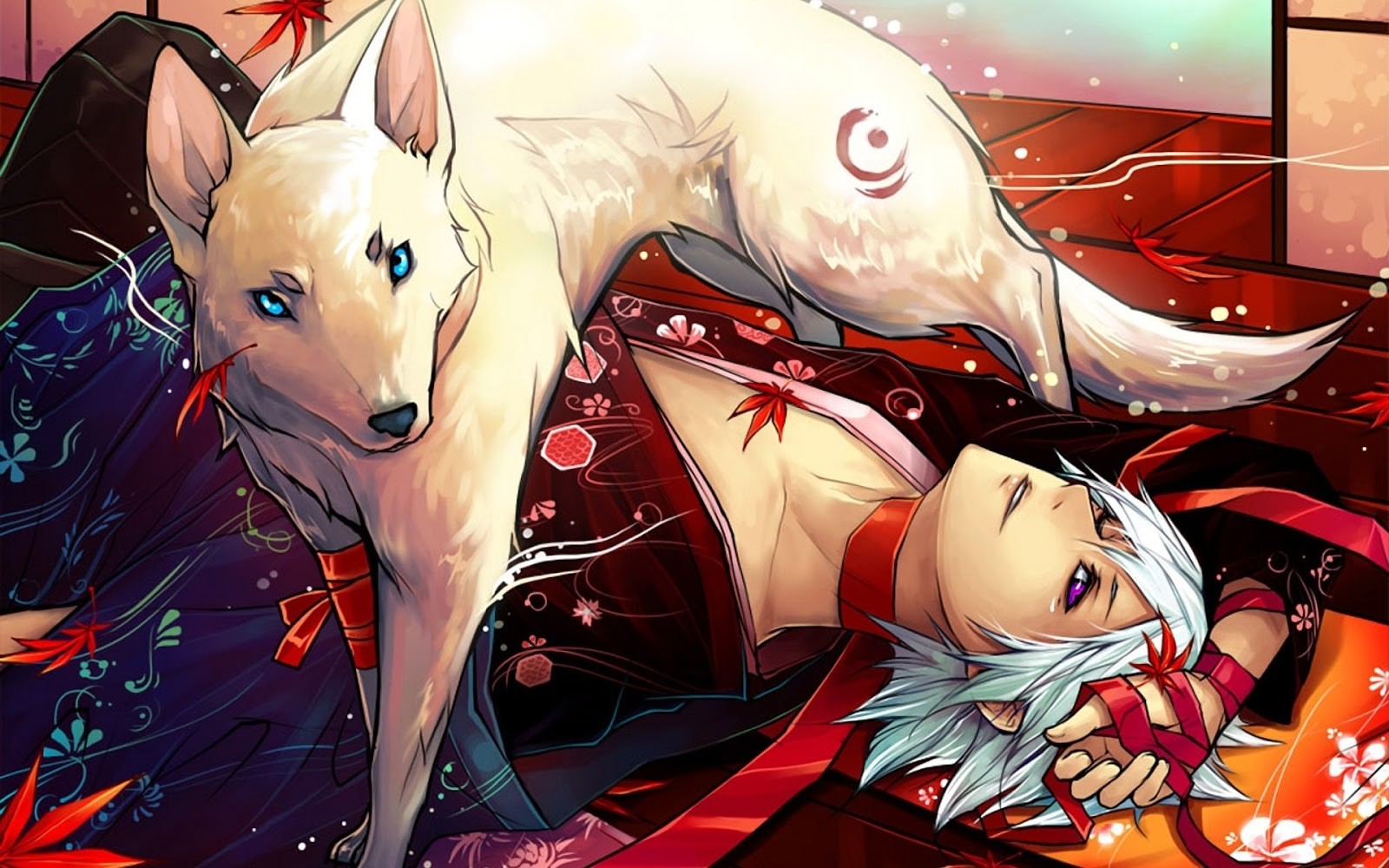 Anime boy with white hair and a white wolf HD Wallpaper