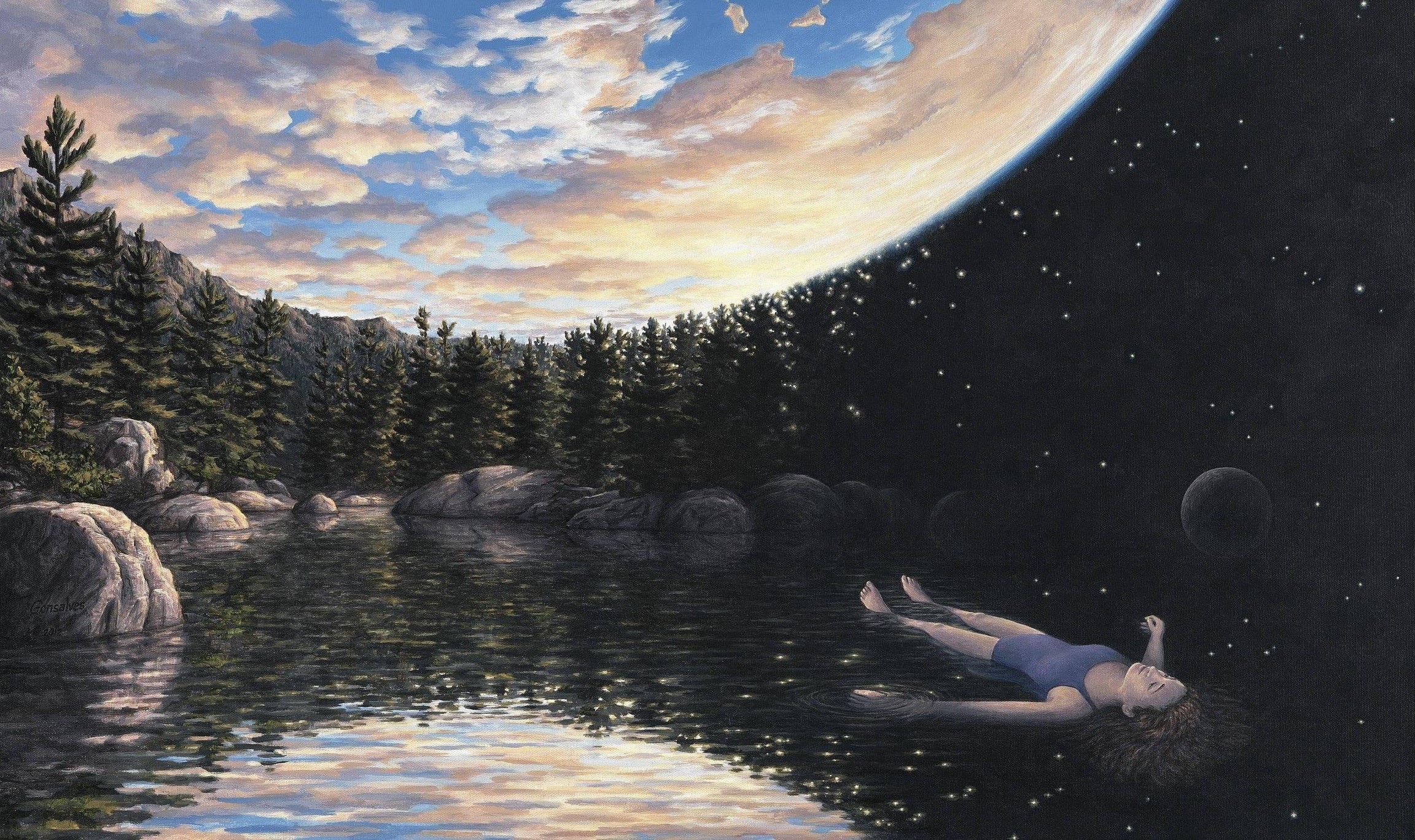Woman floating in water under a split sky and planet HD Wallpaper