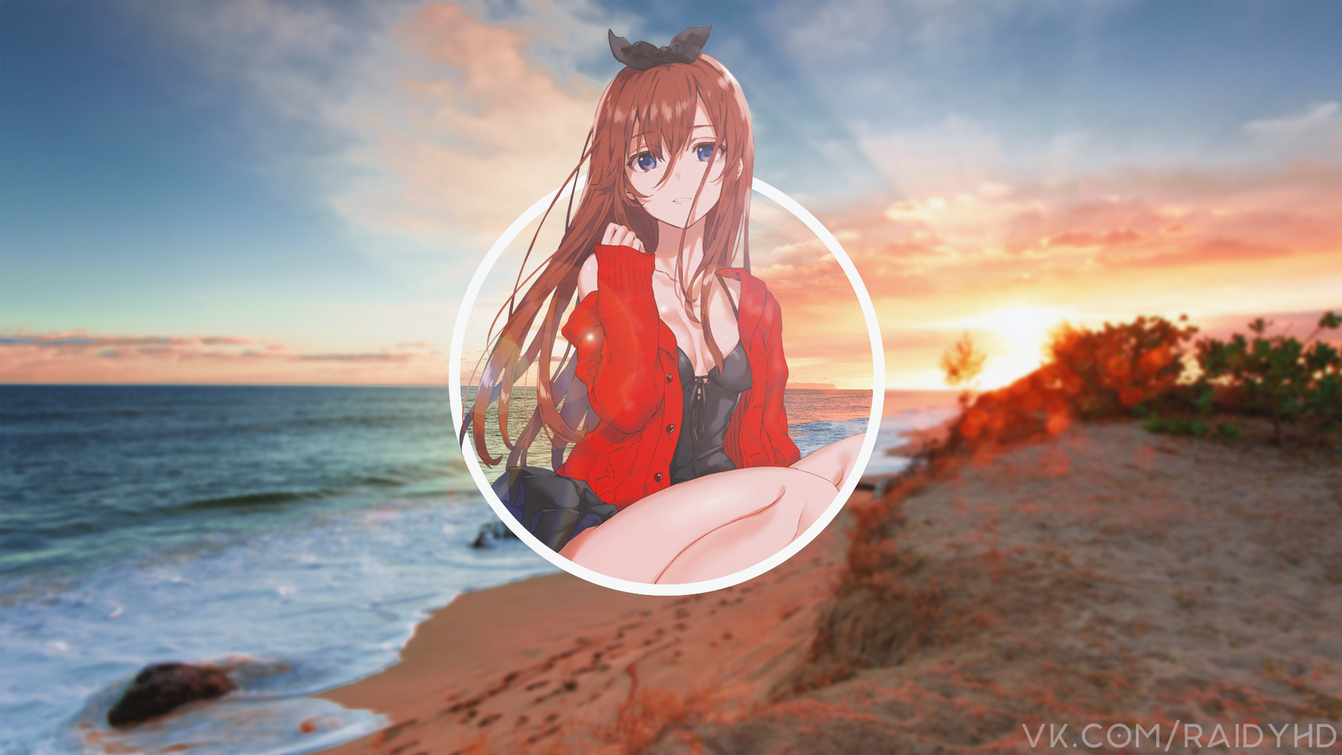 Anime girl in red cardigan on beach at sunset HD Wallpaper