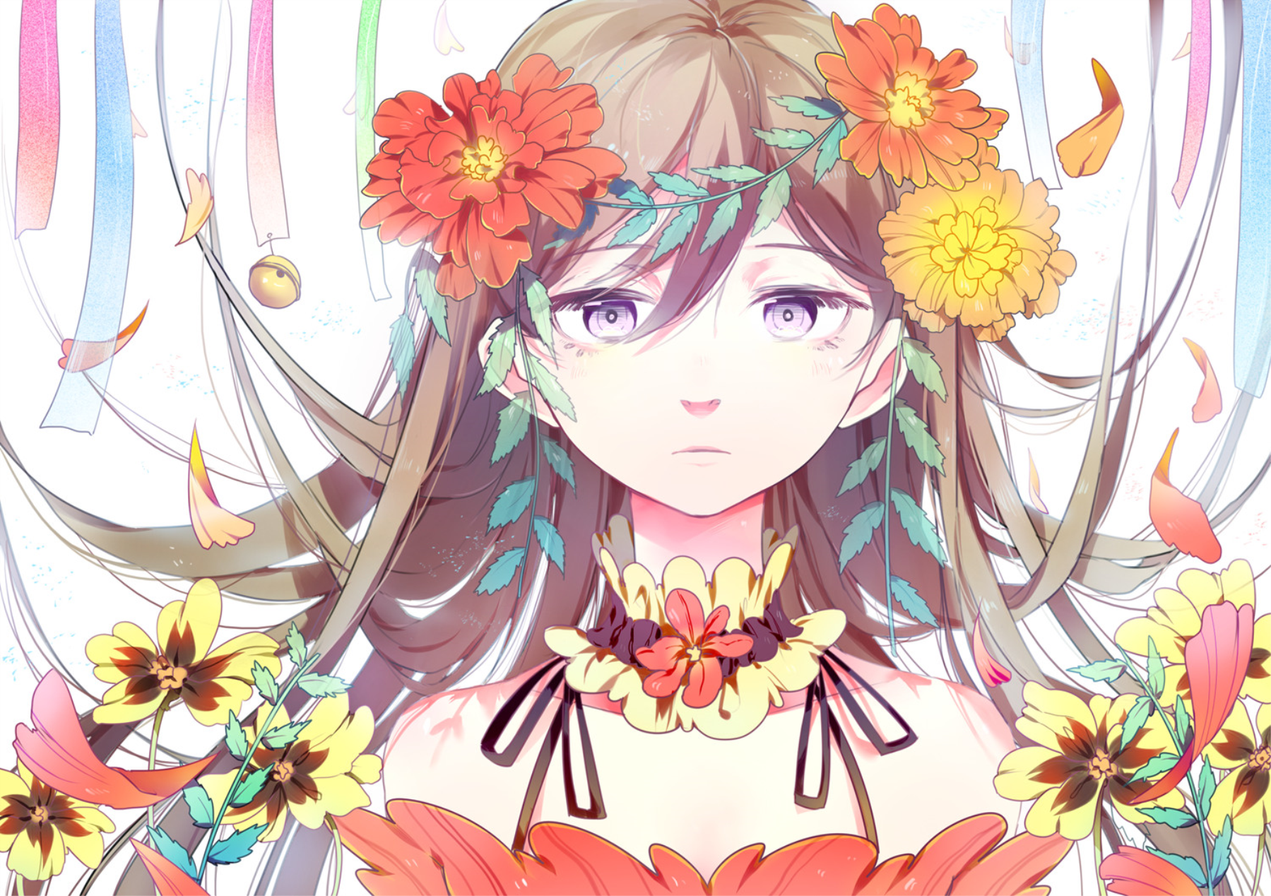 Anime girl with flowers in her hair HD Wallpaper