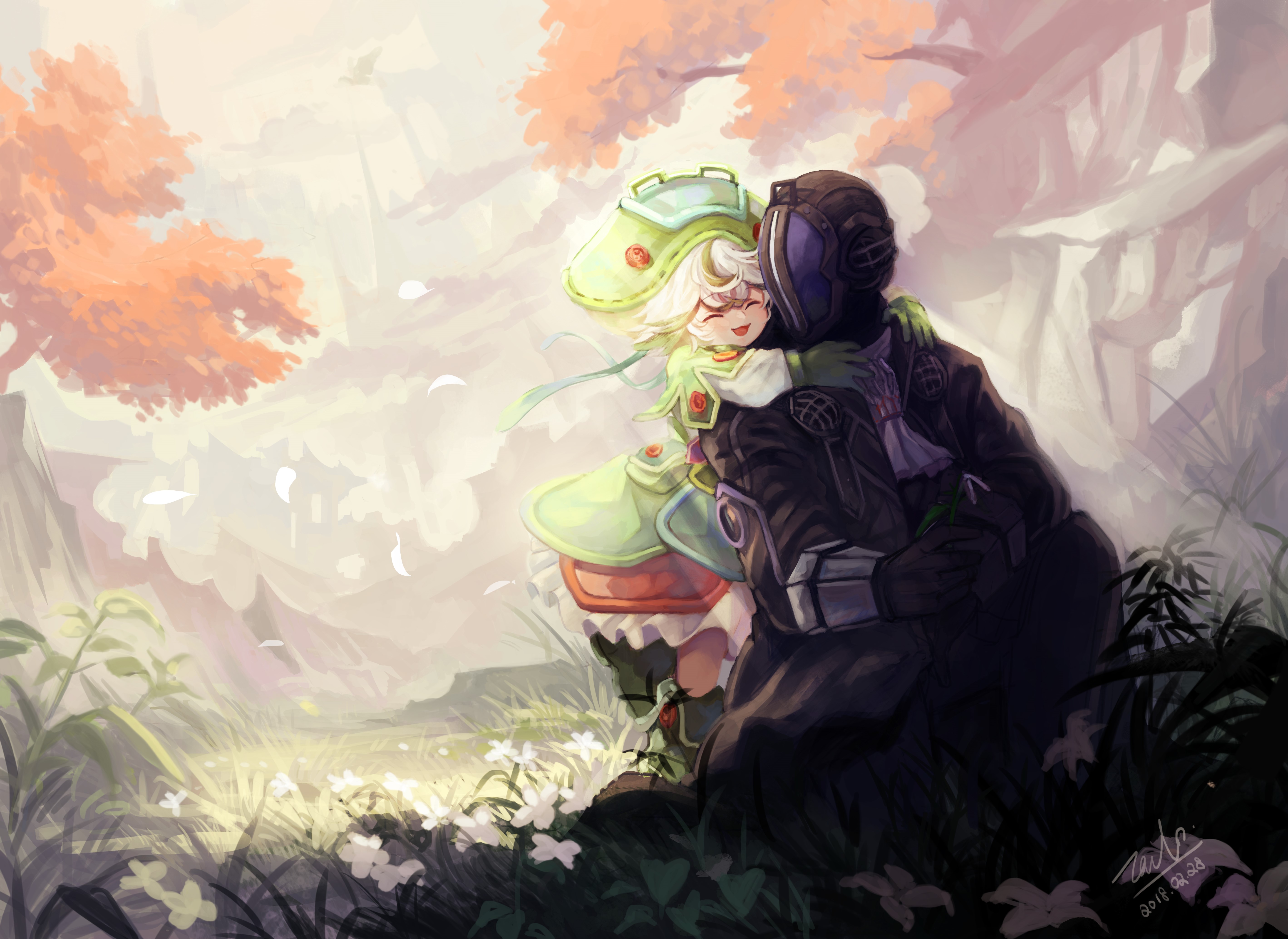 Anime girl and masked figure hugging in nature HD Wallpaper