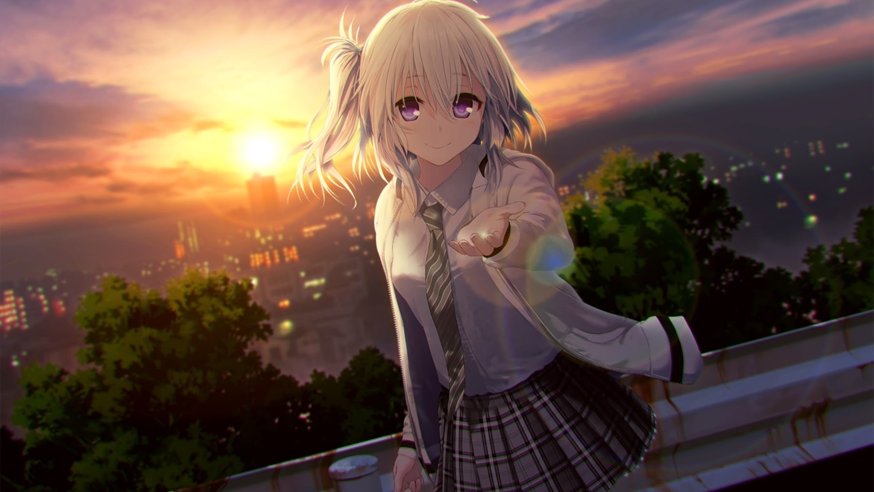 Anime girl with white hair and purple eyes at sunset HD Wallpaper