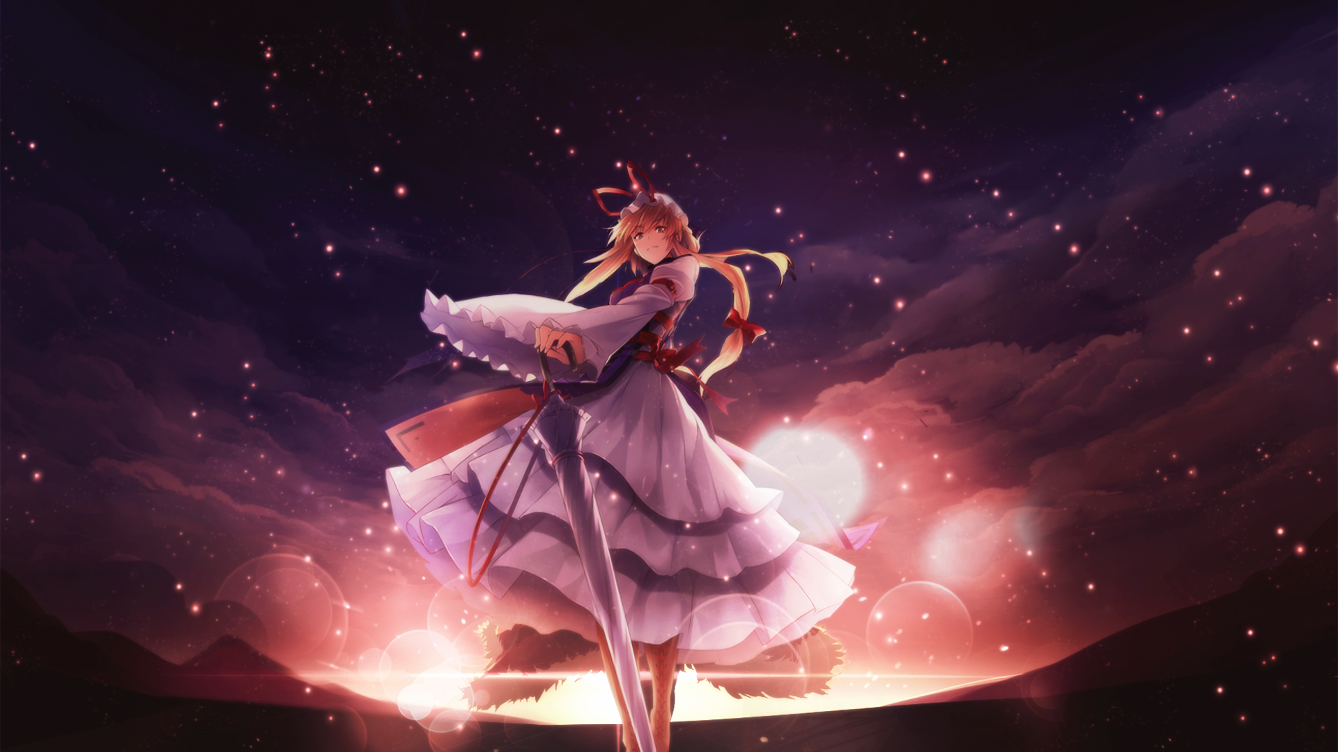 Anime girl in white dress with sword under starry sky HD Wallpaper