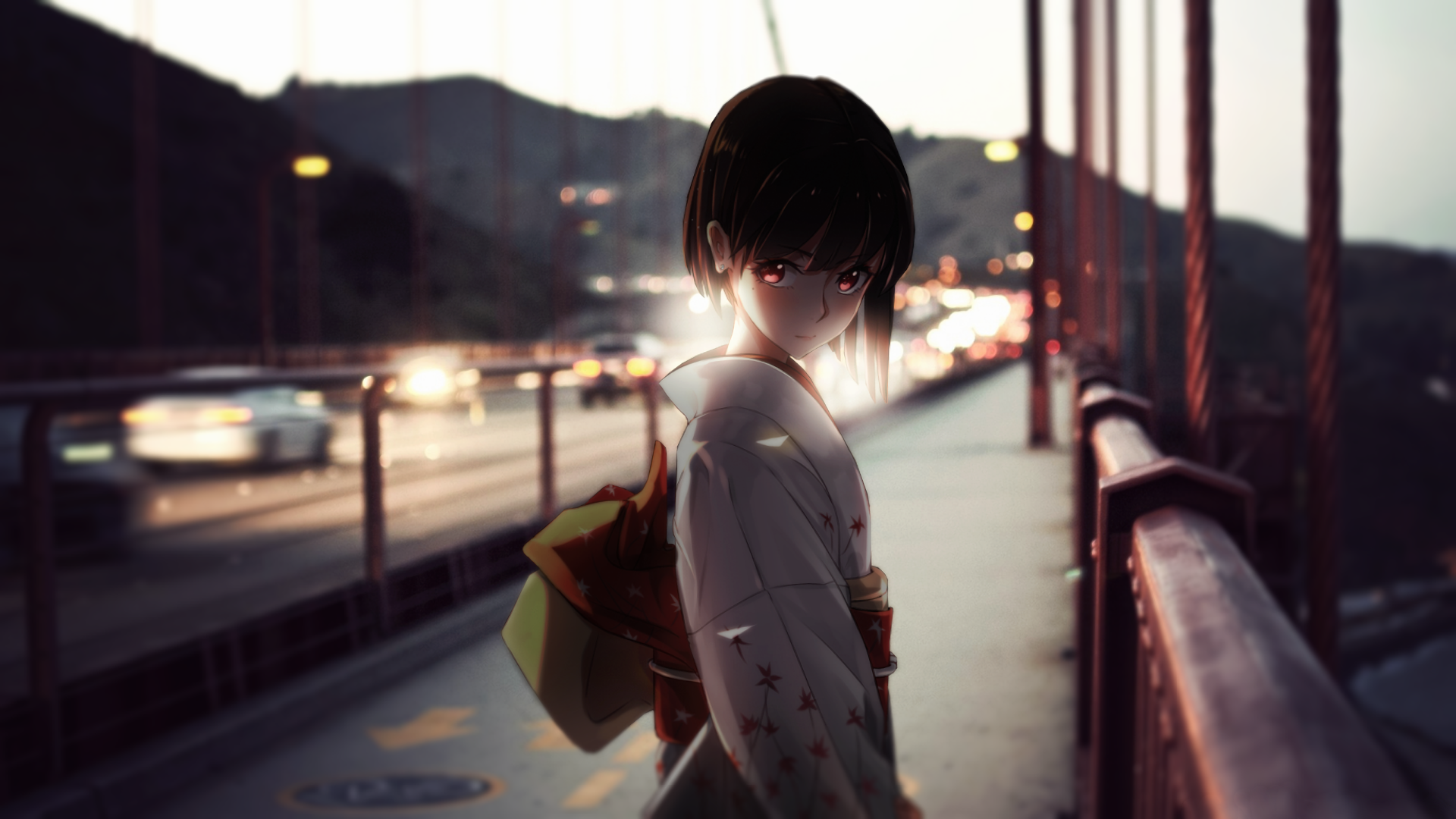 Anime girl in kimono on a bridge with traffic HD Wallpaper