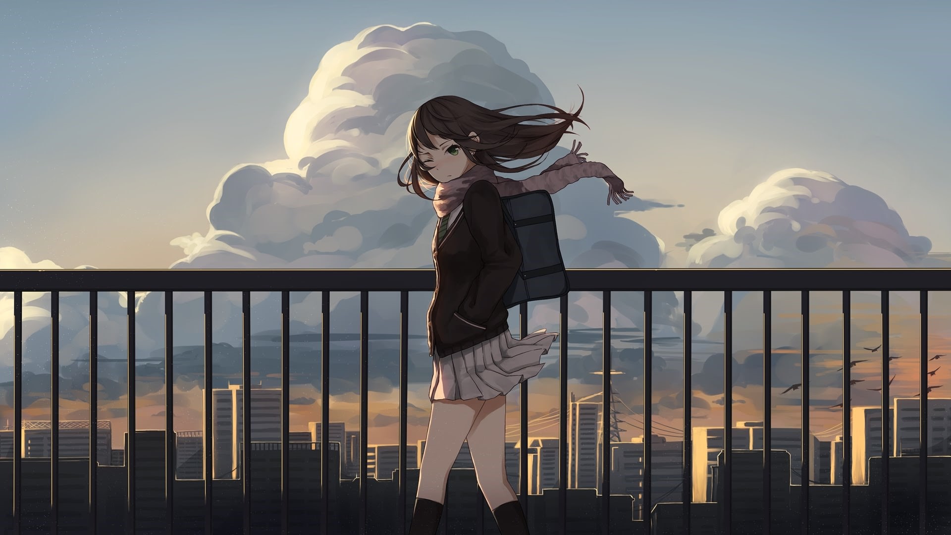 Anime girl walking on a rooftop with city and clouds in background HD Wallpaper