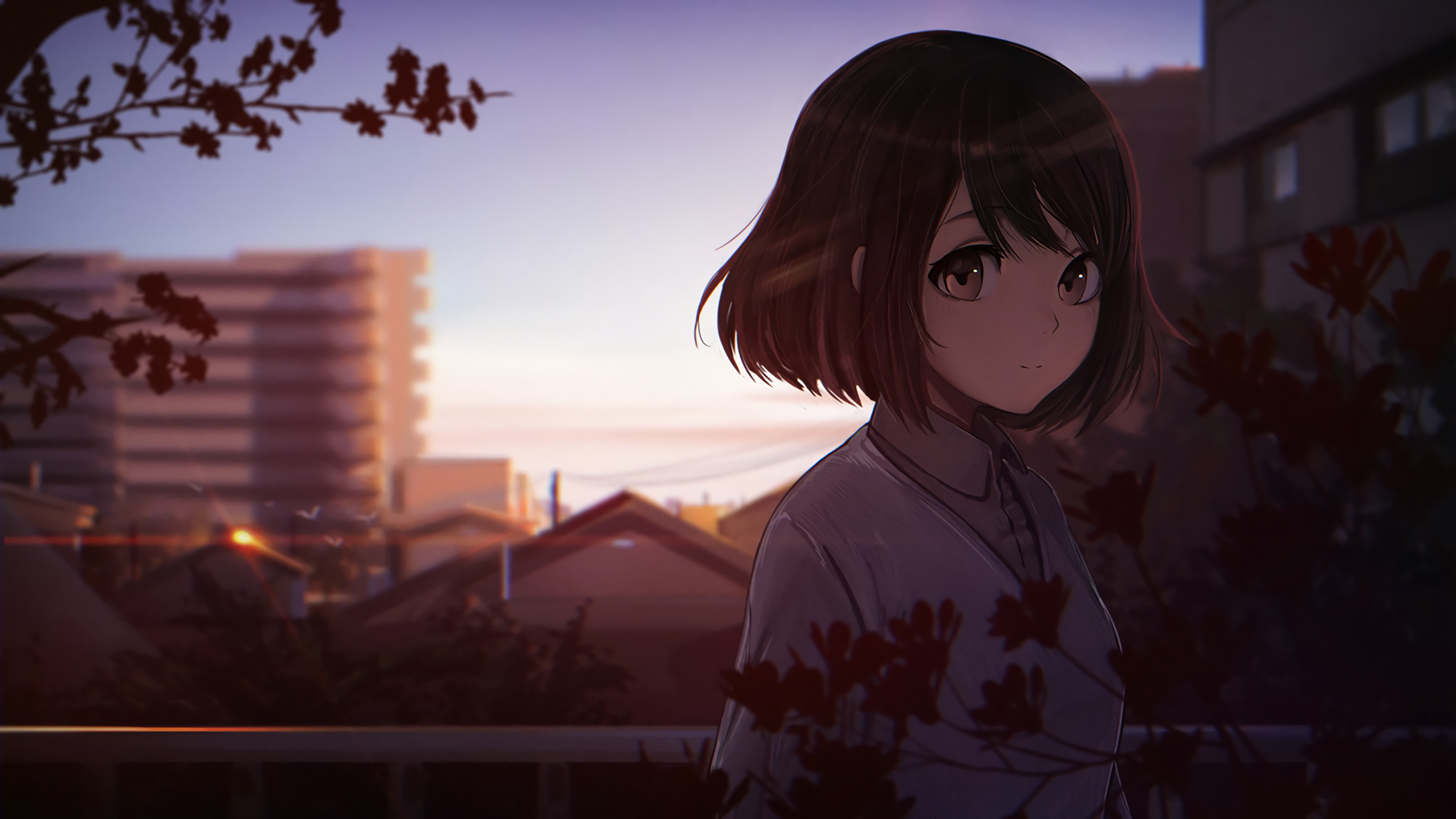 Anime girl with brown hair and eyes in urban setting at sunset HD Wallpaper
