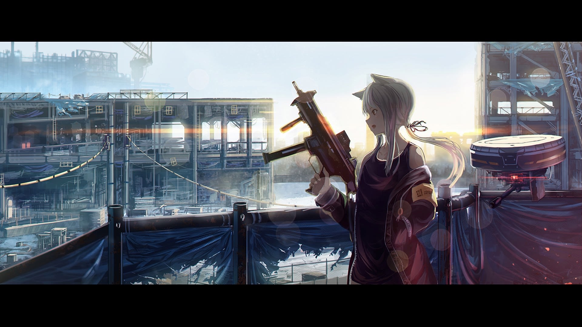 Anime girl with gun on rooftop HD Wallpaper