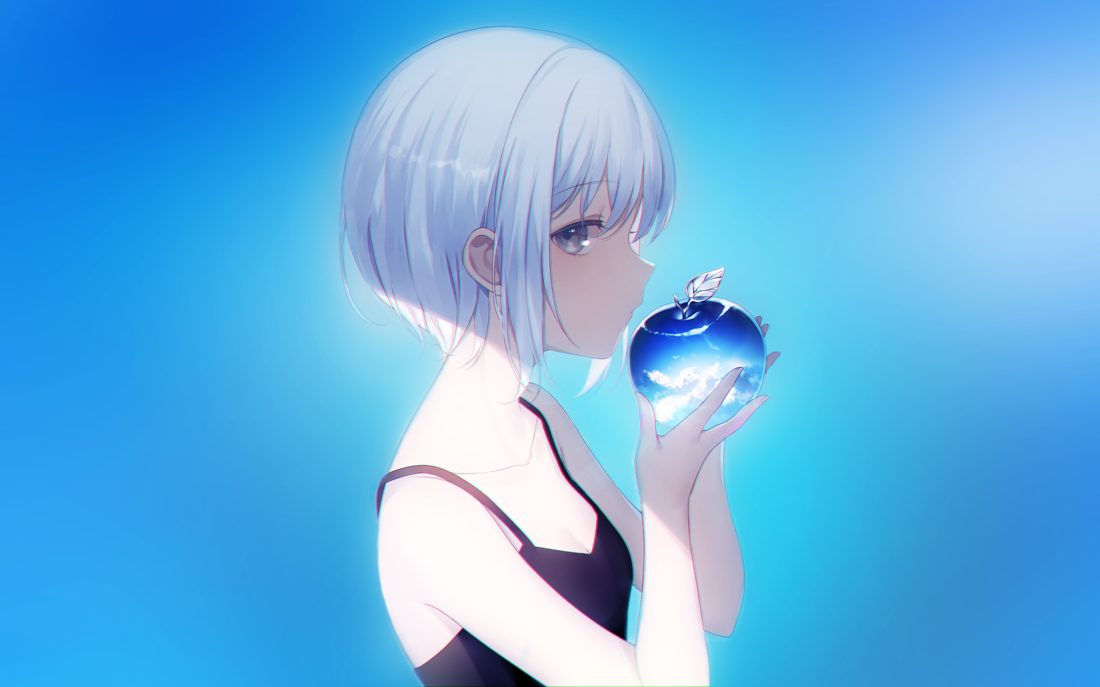 Anime girl with blue apple HD Wallpaper