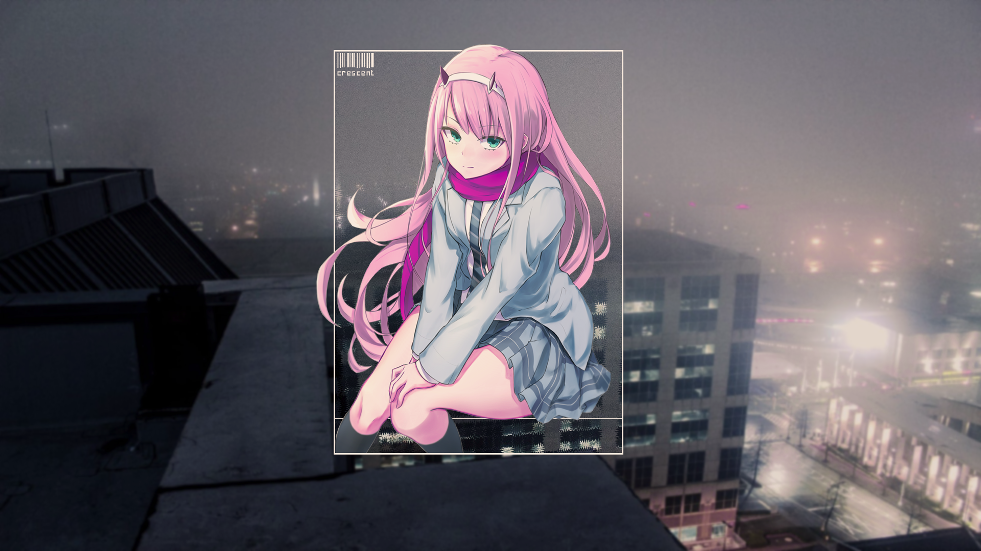 Zero Two from Darling in the FranXX sitting on a rooftop HD Wallpaper