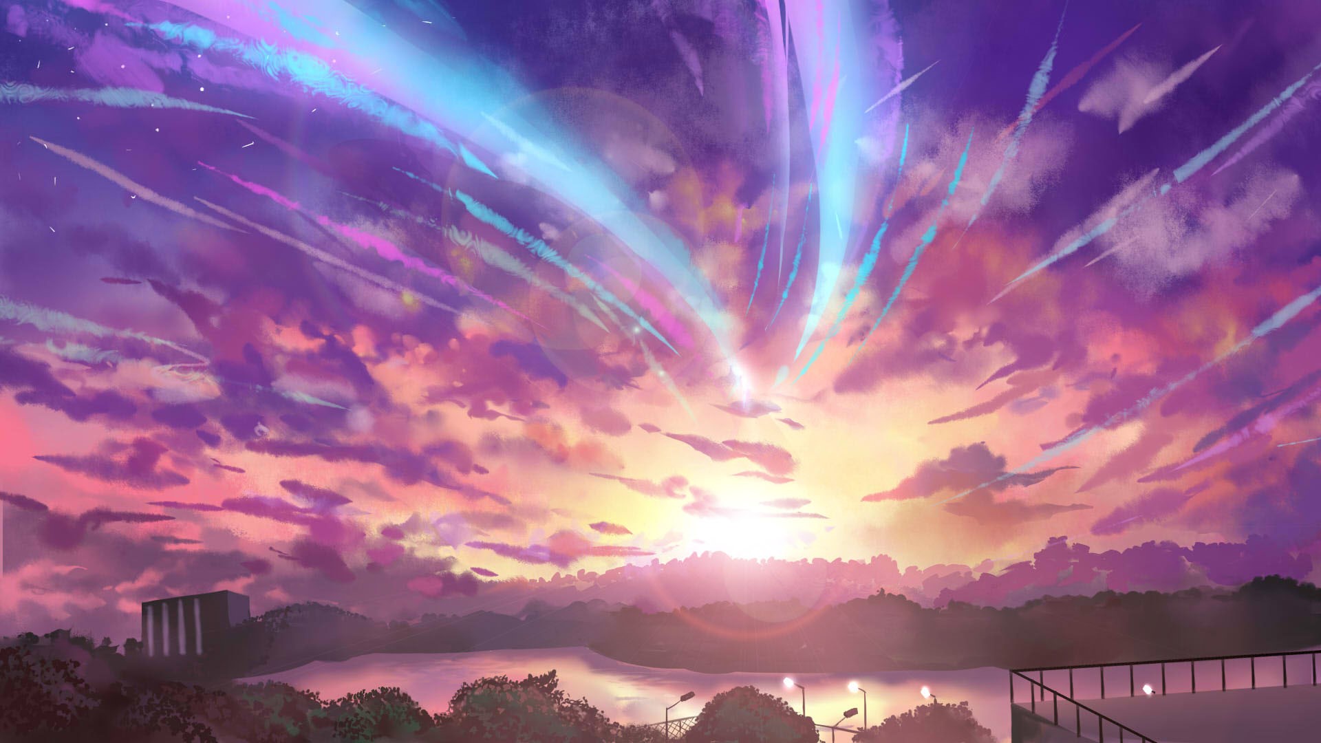 Anime landscape with colorful sunset and light streaks HD Wallpaper