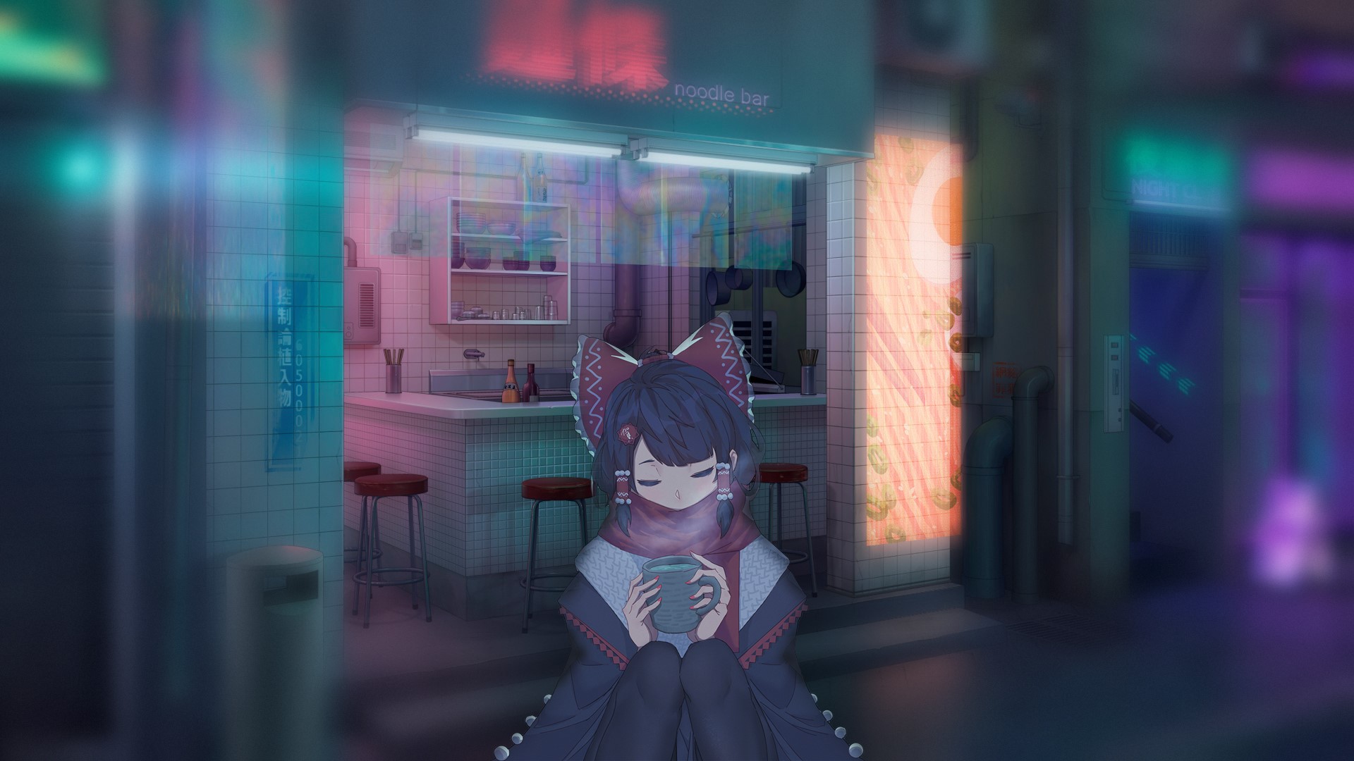 Anime girl with blue hair holding a mug at a noodle bar HD Wallpaper
