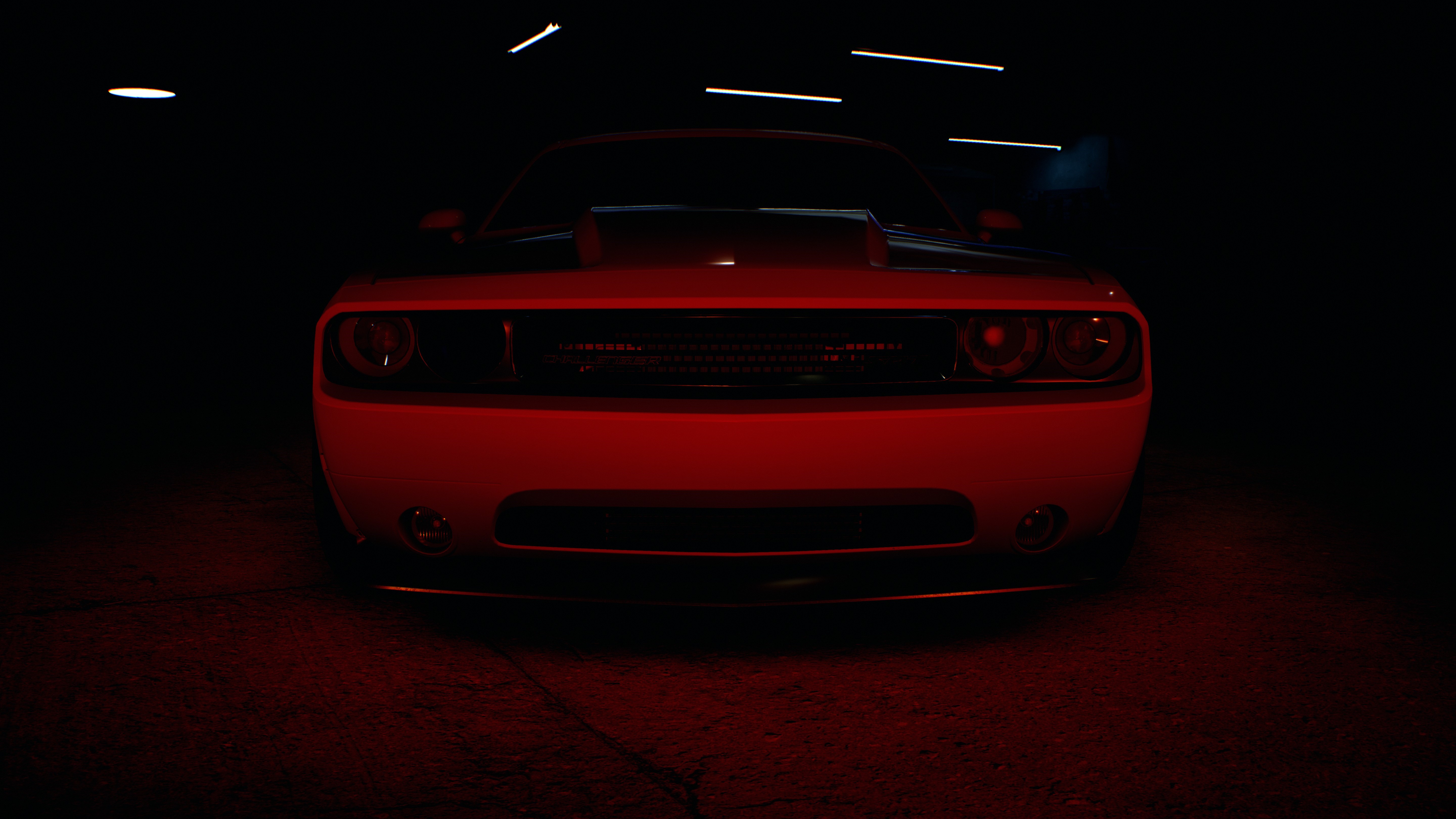 4K Dodge Challenger in red light HD Wallpaper