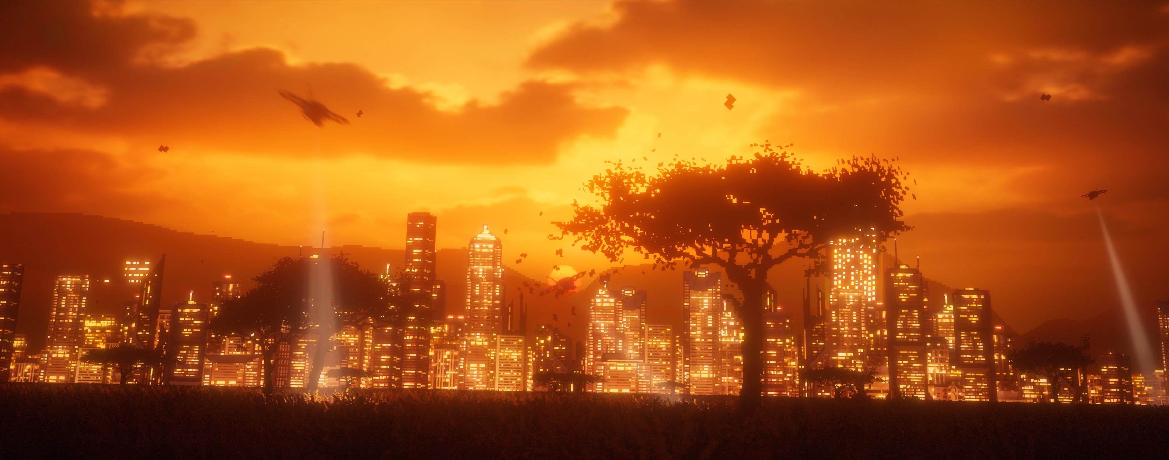 4K Cyberpunk Cityscape at Sunset with Flying Vehicles HD Wallpaper