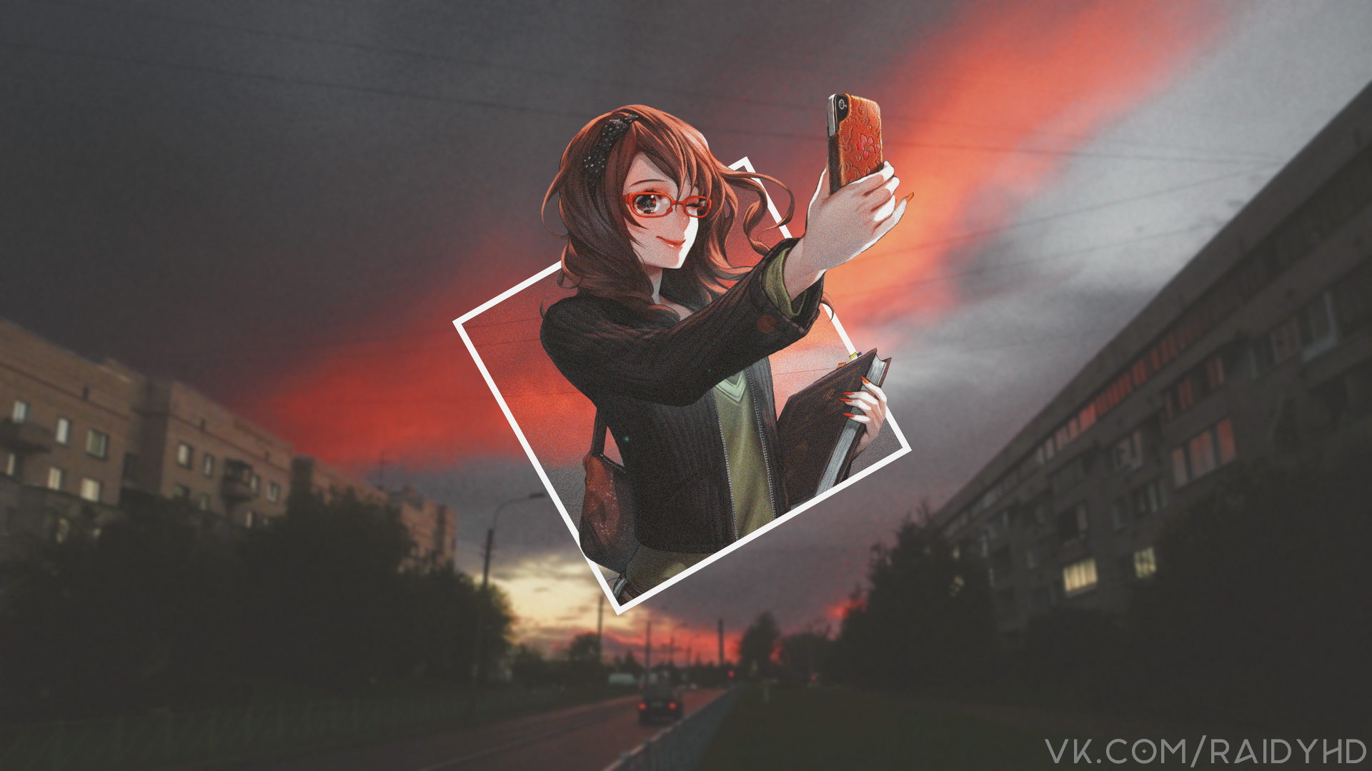 Anime girl taking a selfie at sunset in a city HD Wallpaper