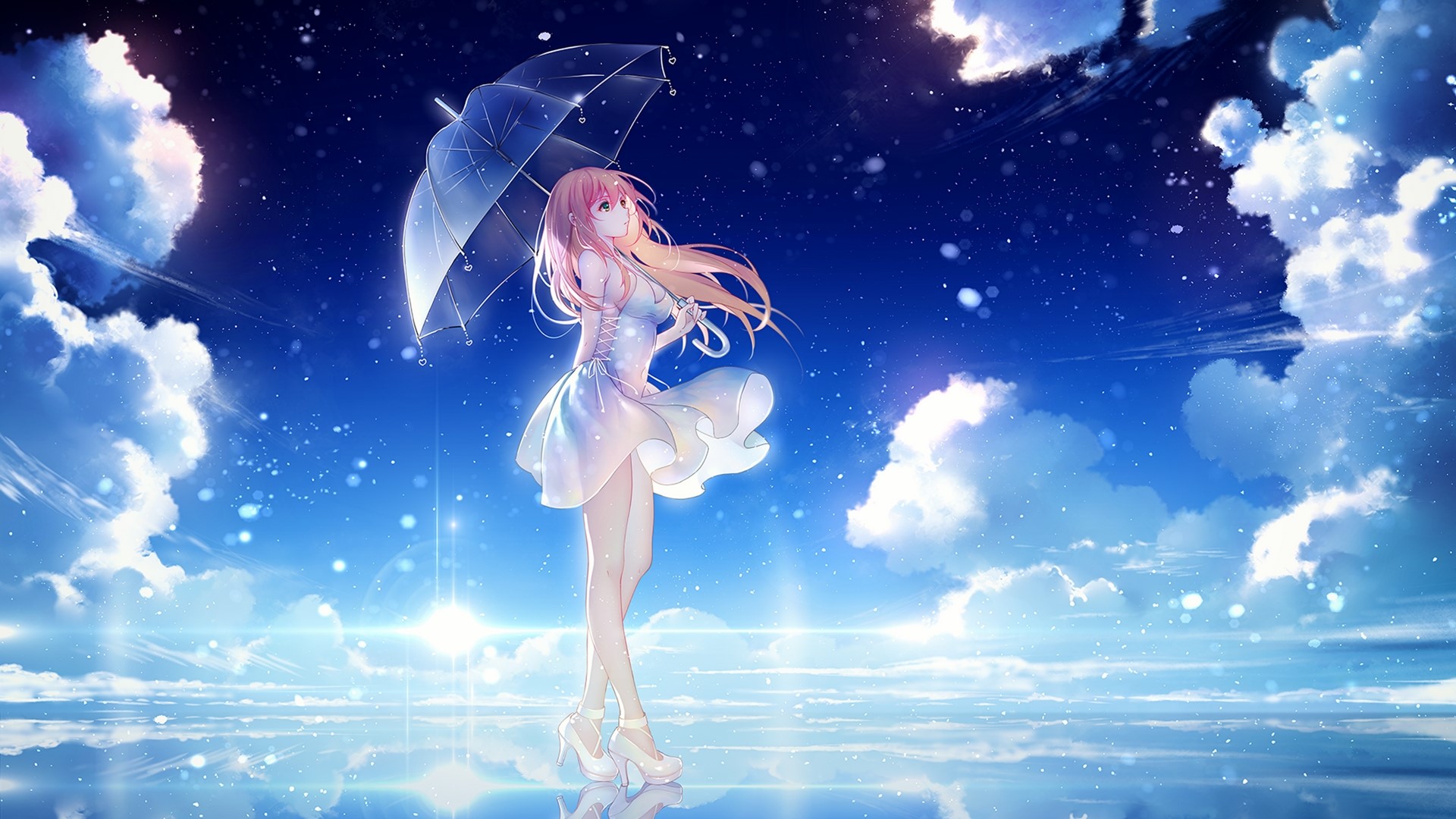 Anime Girl with Umbrella in Sky HD Wallpaper