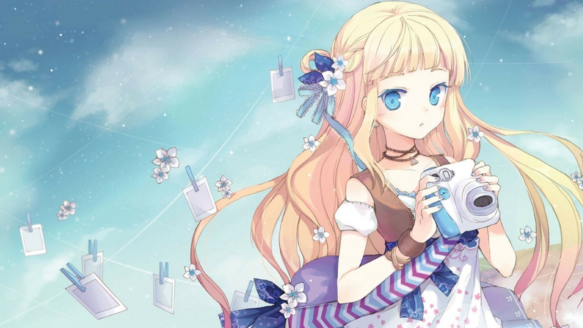 Anime girl with blonde hair holding a camera HD Wallpaper