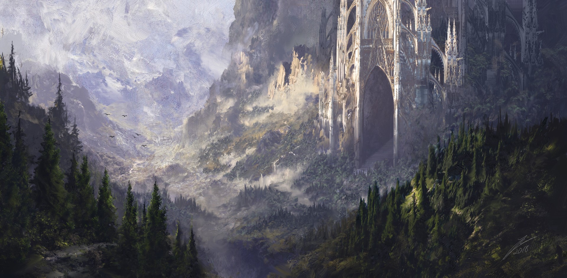 Fantasy castle in a misty mountain valley HD Wallpaper