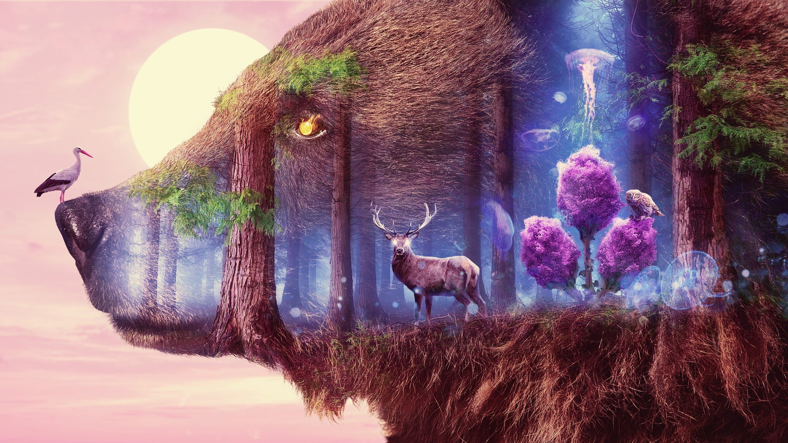 Bear head with forest, deer, stork, and owl HD Wallpaper