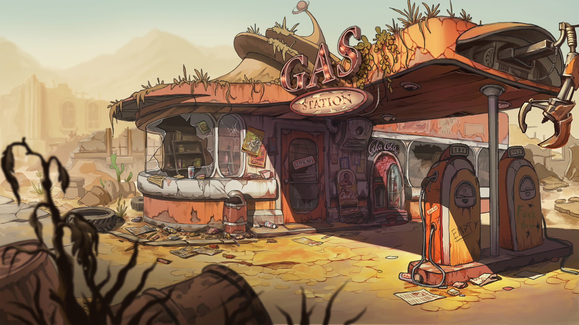 Abandoned gas station in a desert landscape HD Wallpaper