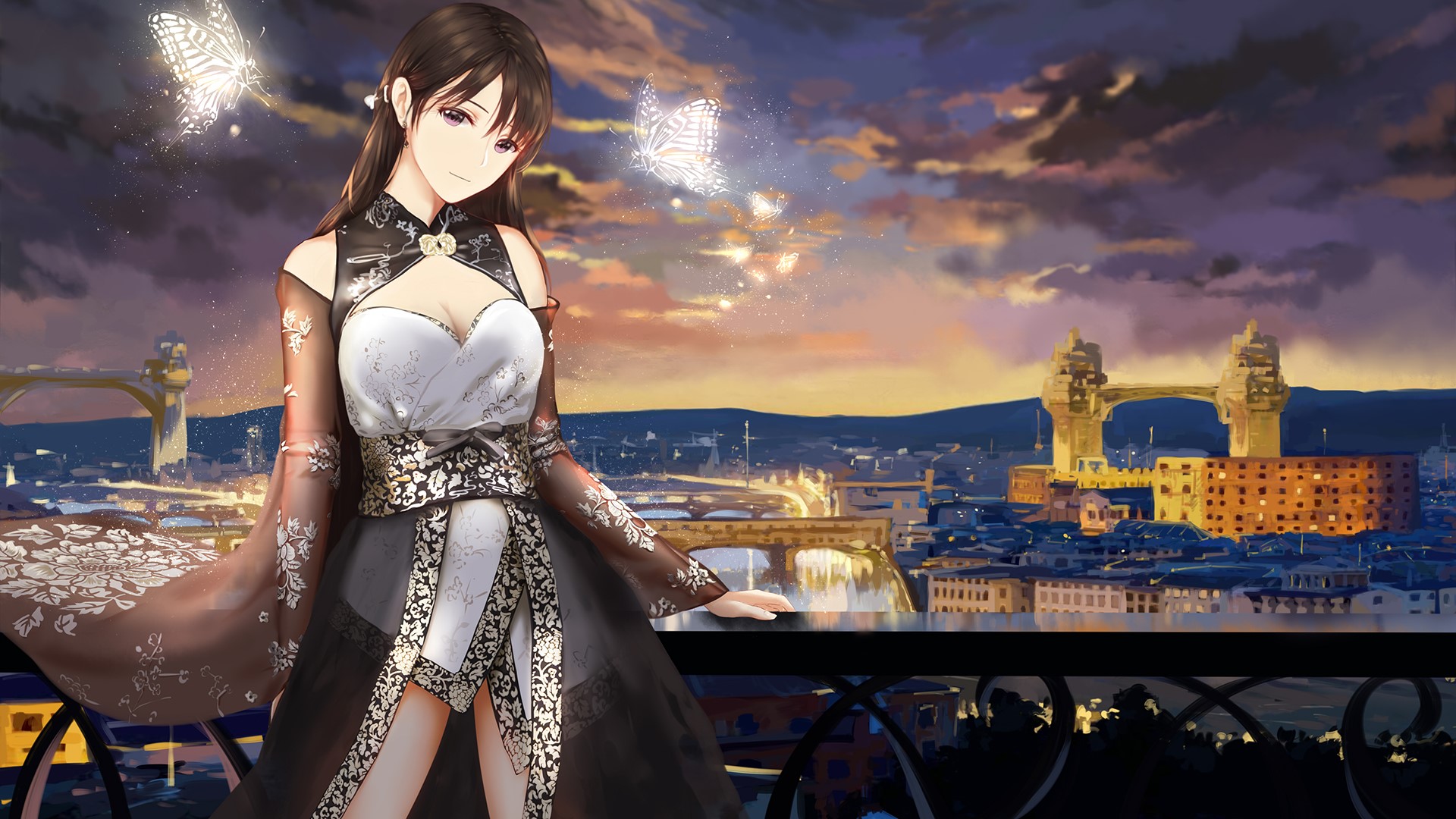 Anime girl in traditional Japanese clothes with butterflies over city skyline HD Wallpaper