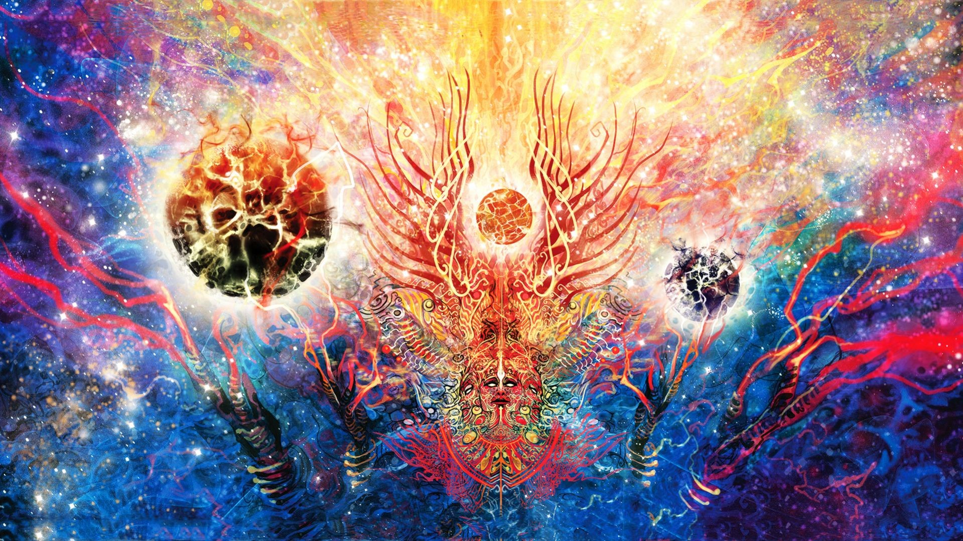Psychedelic cosmic explosion with celestial bodies HD Wallpaper