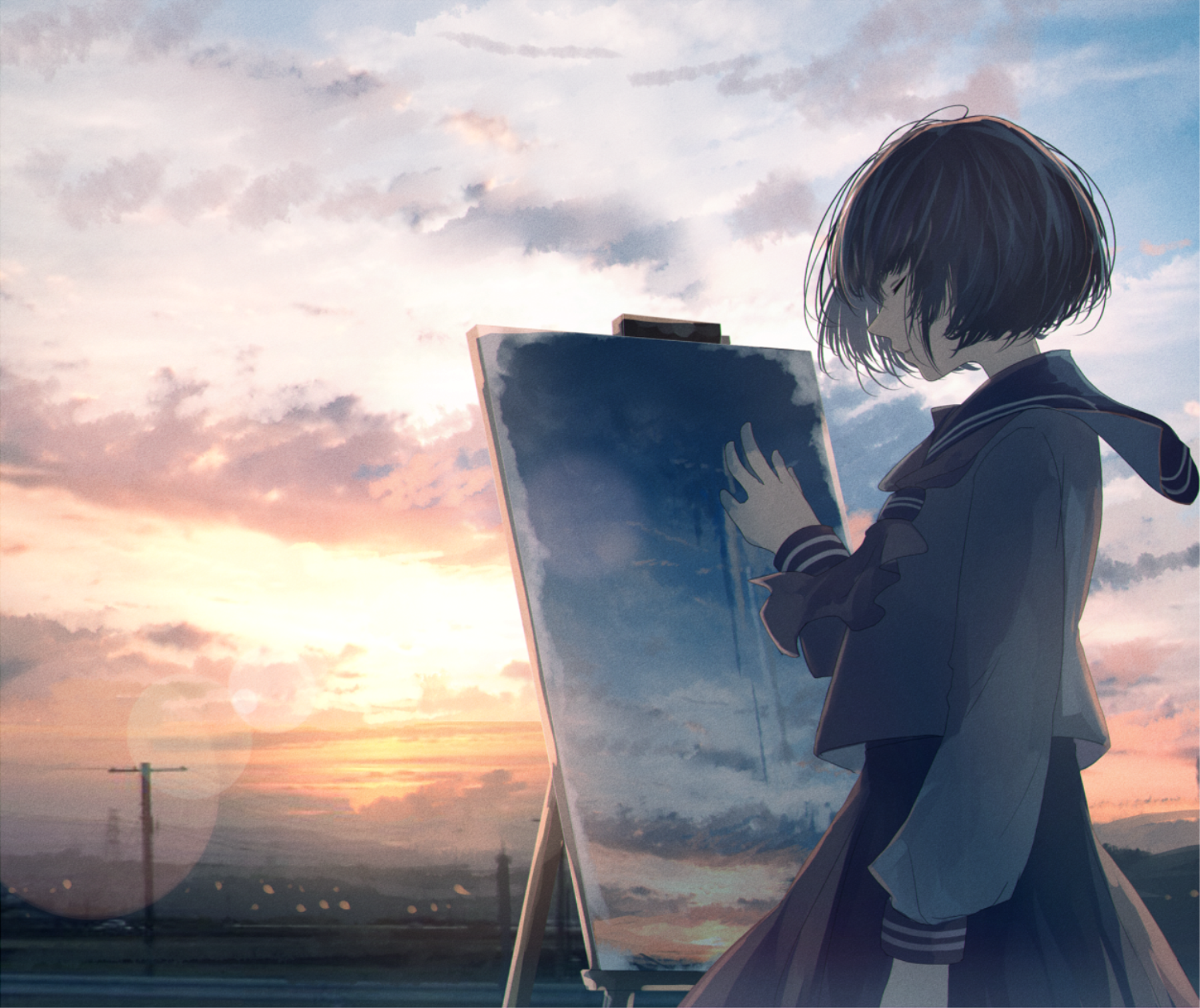 Anime girl painting a sunset sky HD Wallpaper