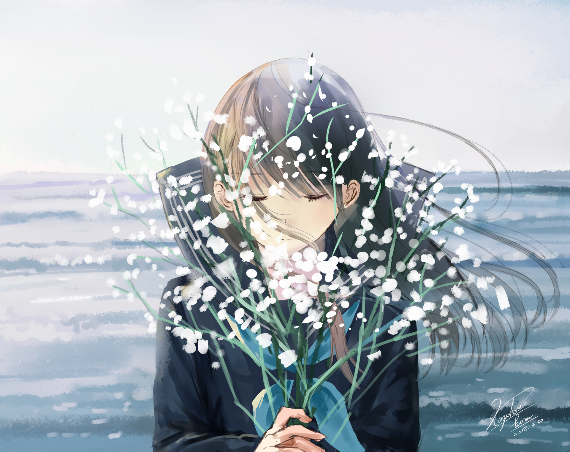 Anime girl with flowers by the sea HD Wallpaper