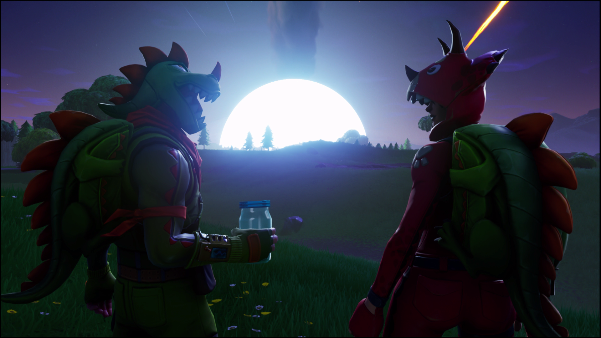 Fortnite characters with dinosaur costumes in a field HD Wallpaper