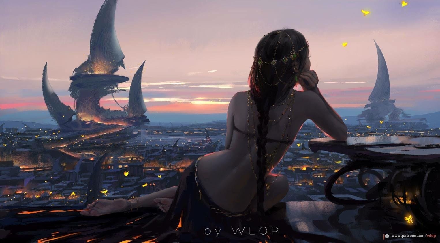 Woman overlooking a futuristic city at sunset HD Wallpaper
