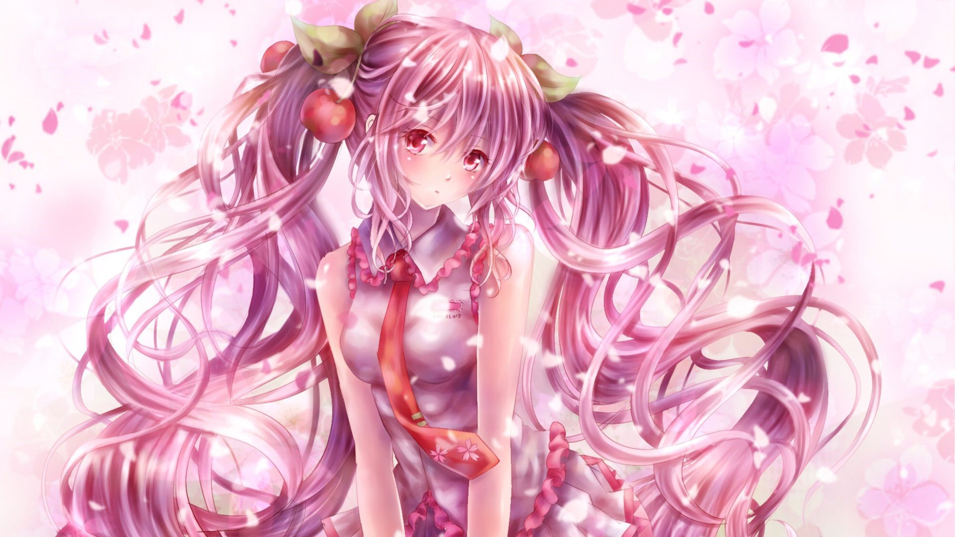 Pink-haired anime girl with cherry blossoms HD Wallpaper