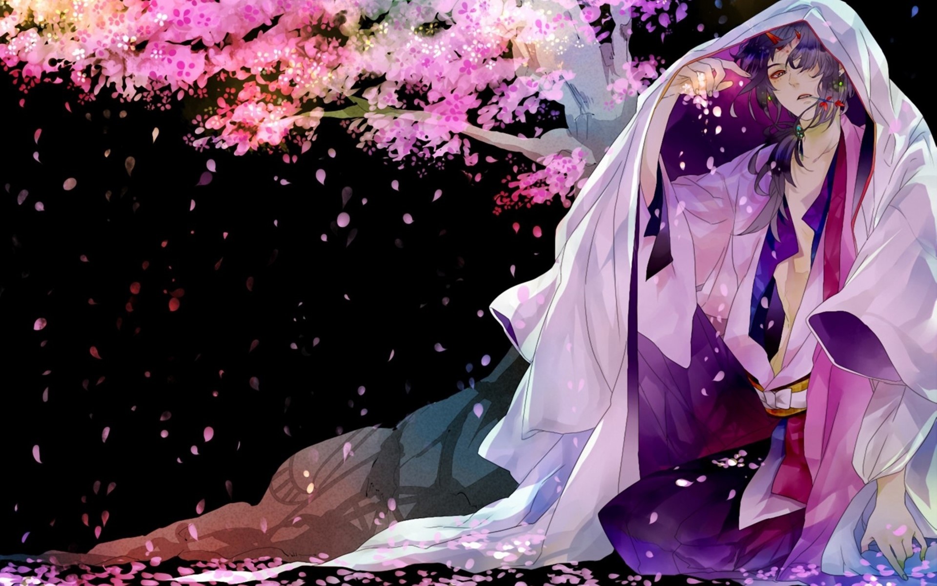 Anime character in kimono under cherry blossoms HD Wallpaper