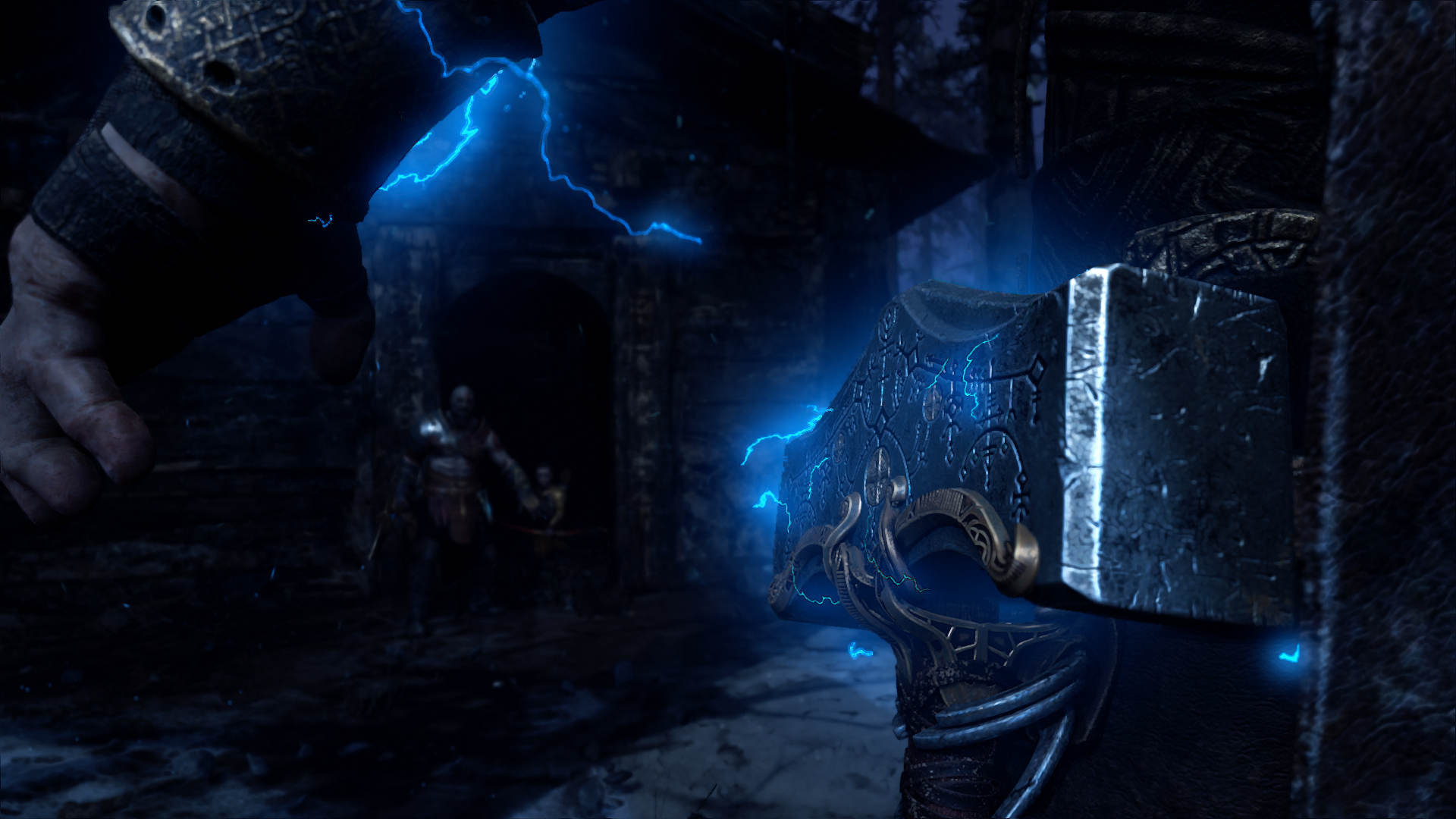 Kratos from God of War holding Mjolnir with lightning HD Wallpaper