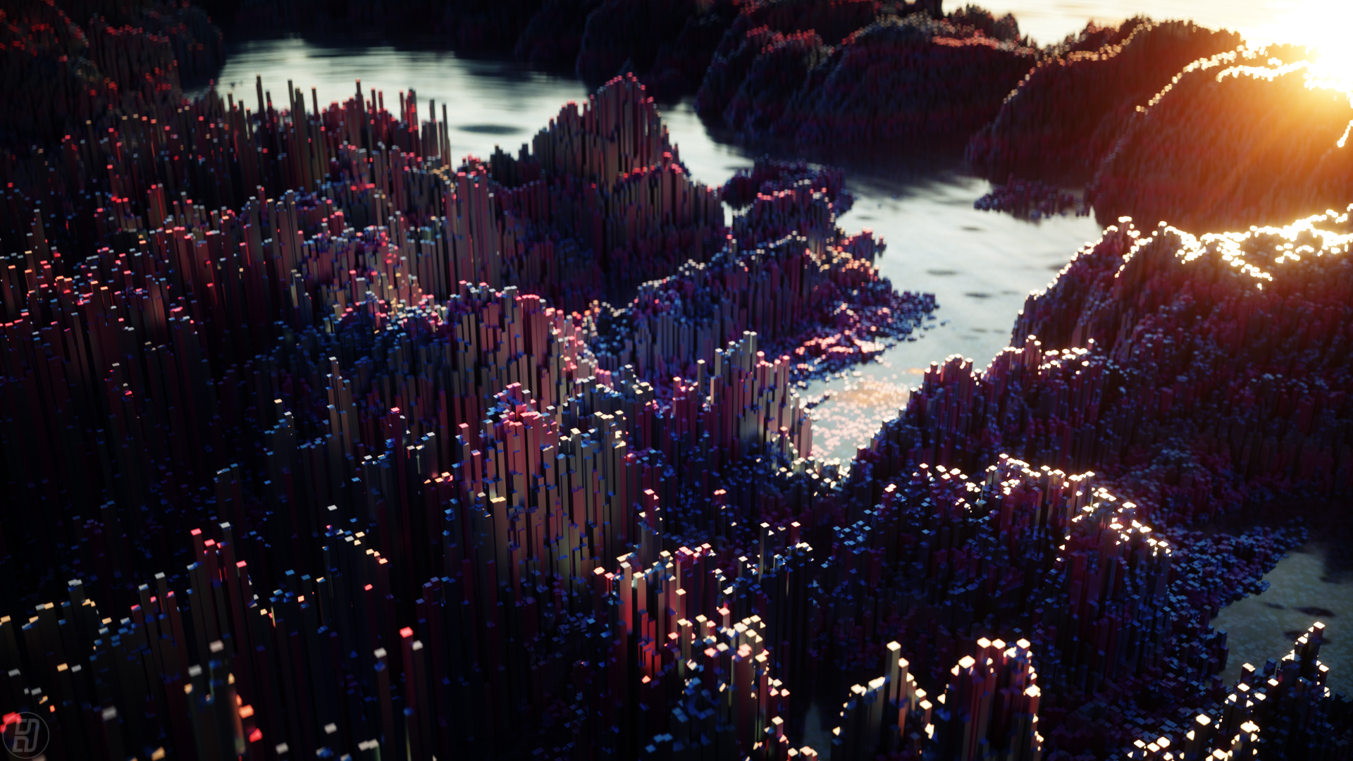 Abstract cubic mountains with river at sunset HD Wallpaper