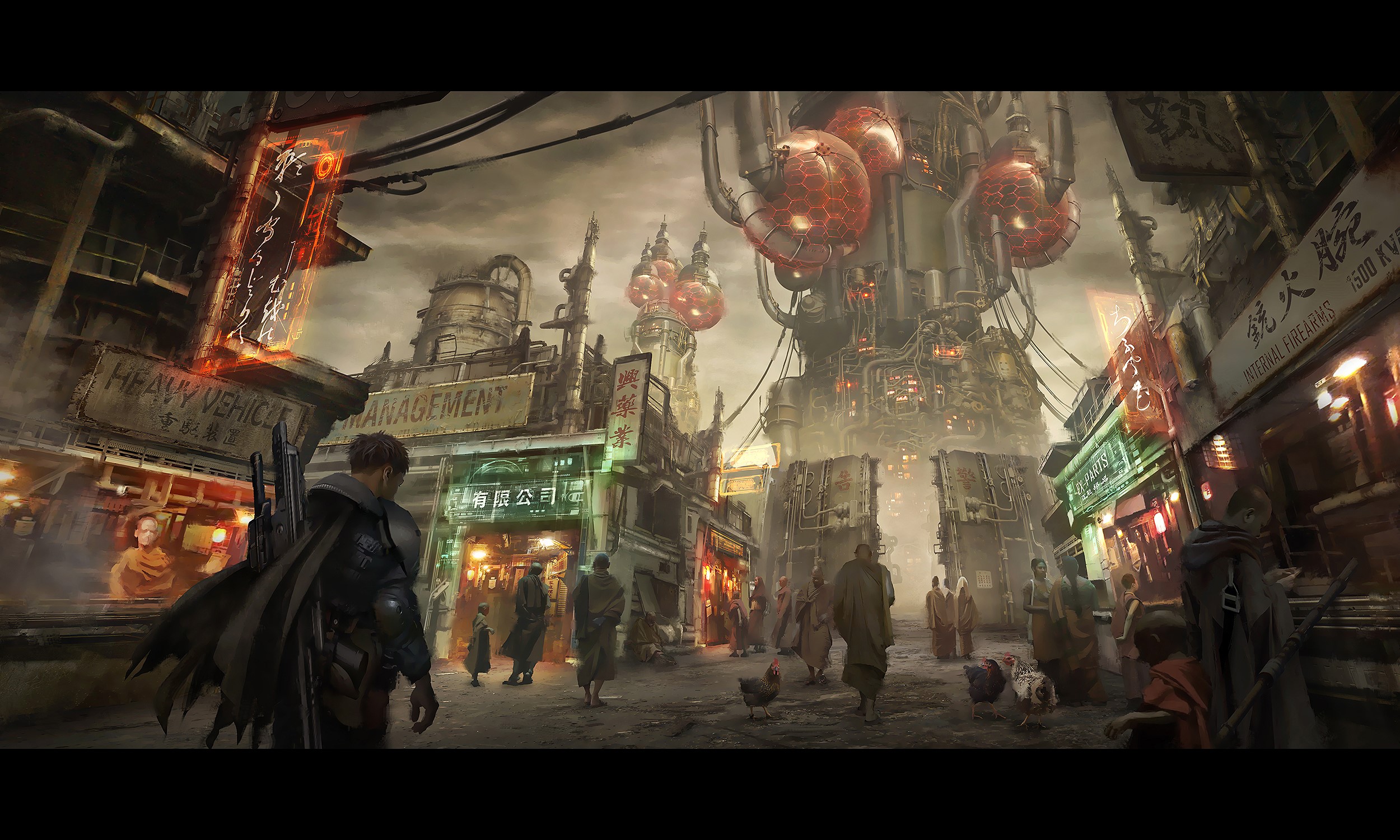Futuristic city street with people and industrial structures HD Wallpaper