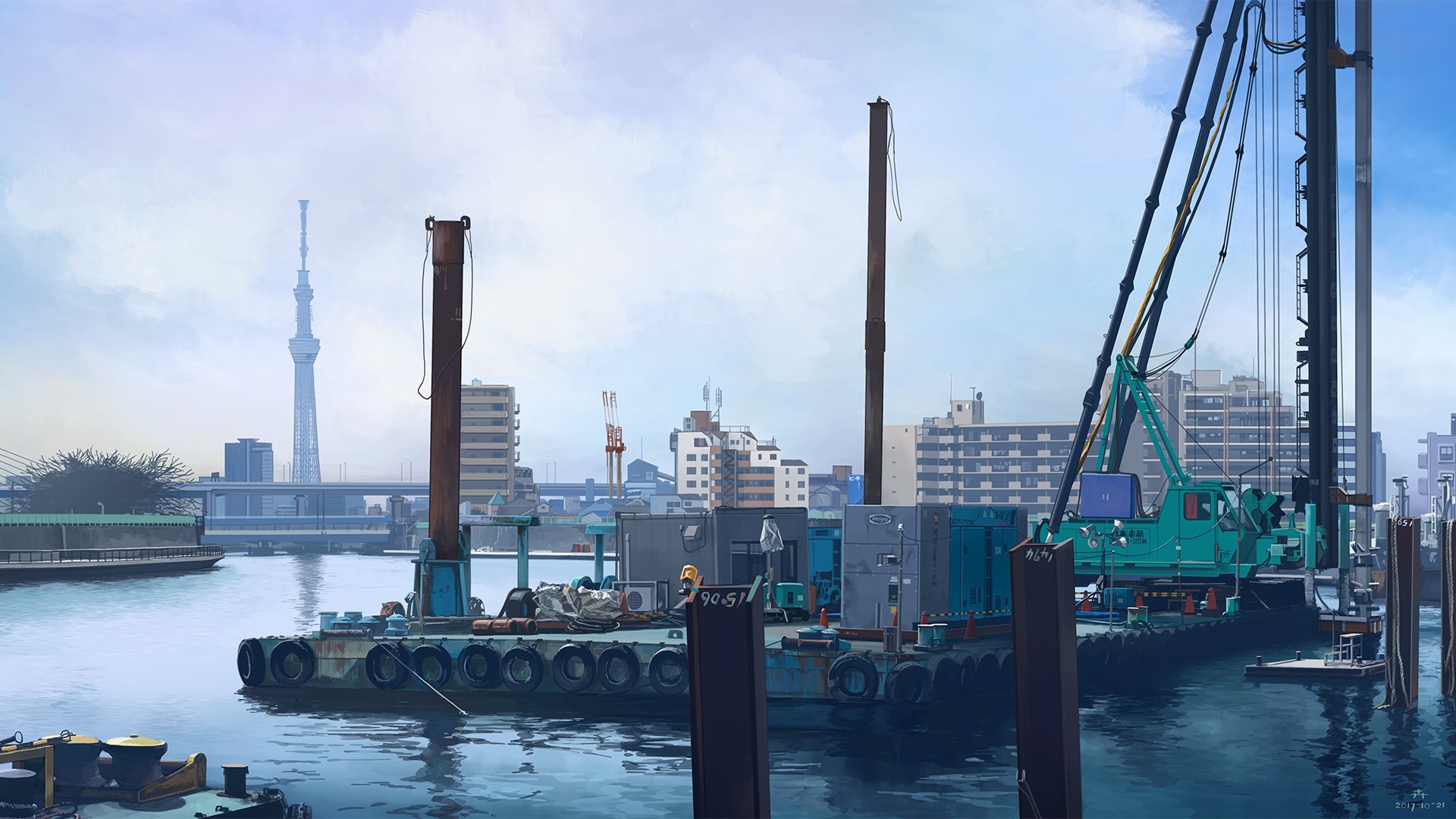 Anime cityscape with construction barge on water HD Wallpaper