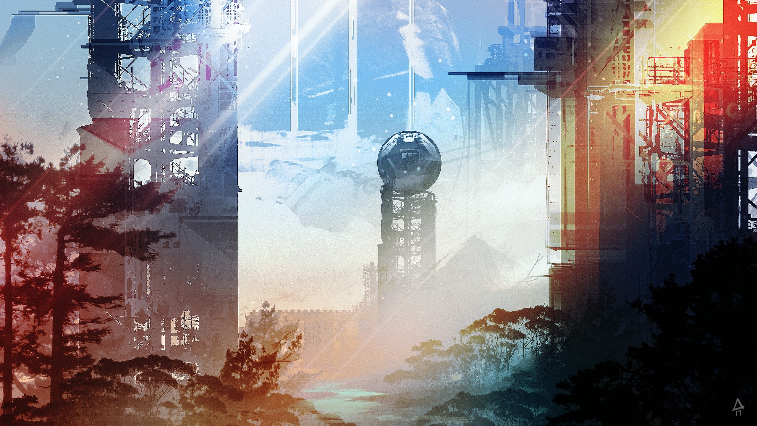 Futuristic cityscape with a spherical structure HD Wallpaper